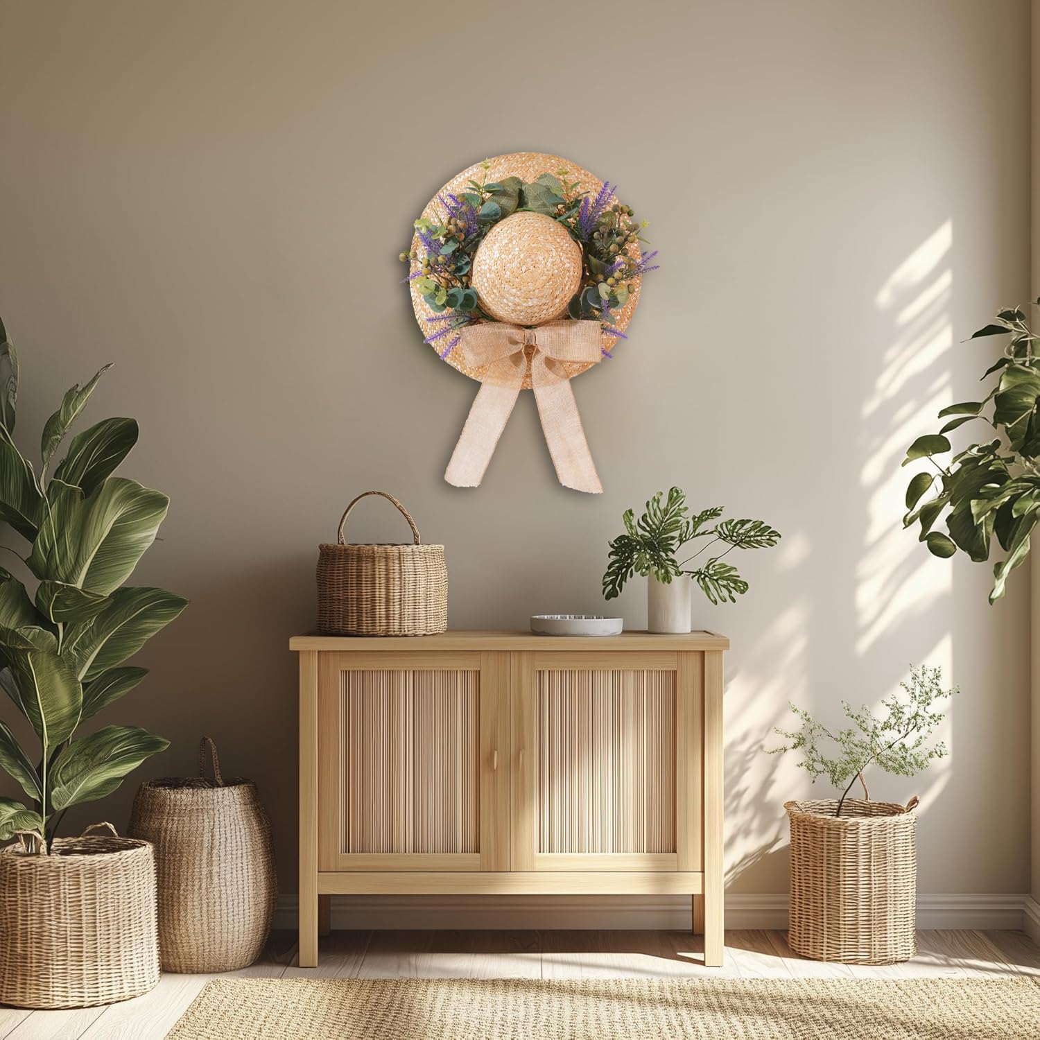 Dilicoming Frühlings-Eukalyptus-Kränze für Haustür, 40,6 cm, Sommer-Herbst-Strohhut-Kranz mit Schleife, Frauen-Geschenk, für Innen- und Außenbereich, Kränze für Wand, Fenster, Bauernhaus, Party