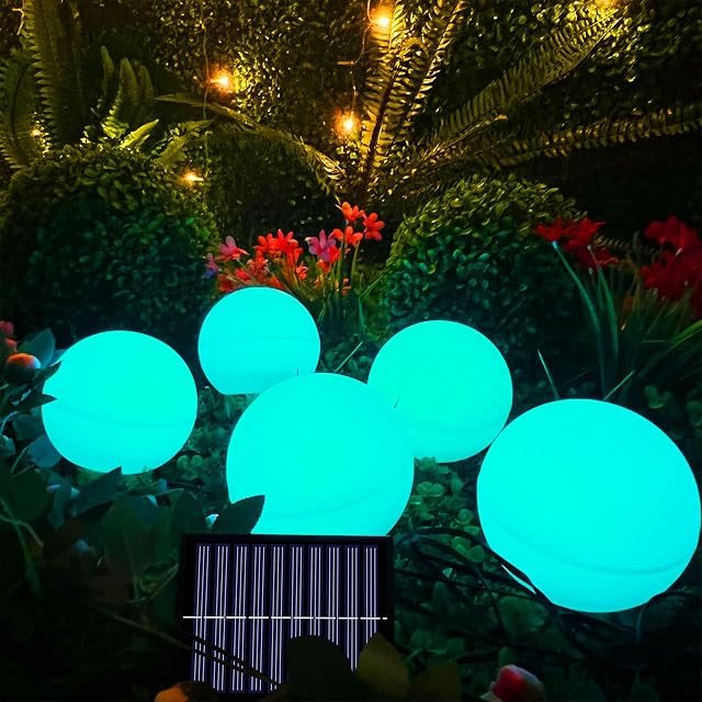 HYSapientia® Solar String Ball Lights 5 LED 16 RGB+White Colour Changing Mood Fairy Lights Outdoor Garden Waterproof Decorations for Pathway Patio Yard Lawn Walkway Ground, 12 cm Diameter 5 Pcs Tandem