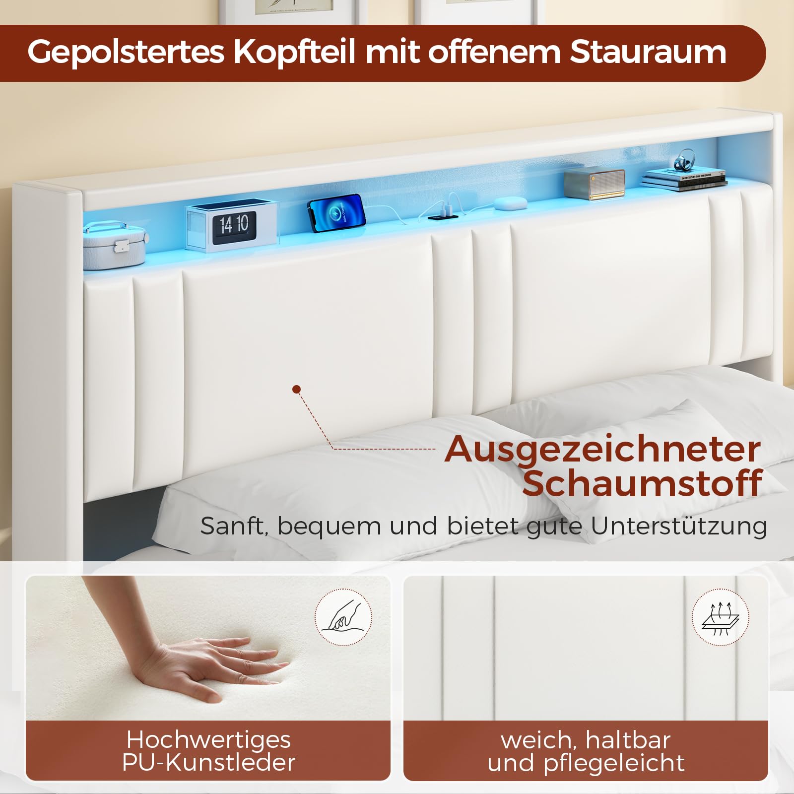 KIMENICH Polsterbett 180x200 cm, Schwebebett, Bettrahmen mit LED-Beleuchtung, Ladestation, Doppelbettgestell, Bettgestell mit Kopfteil, Bett, Schwebender visueller Effekt, für Schlafzimmer, PU Weiß