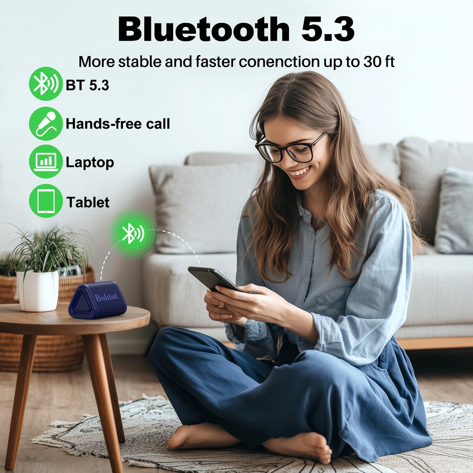 Bobtot Altoparlante Bluetooth portatile wireless 10 W di picco, IPX7 piccolo altoparlante per doccia impermeabile, tempo di riproduzione 15 ore, suono forte e stereo con bassi, accoppiamento TWS per