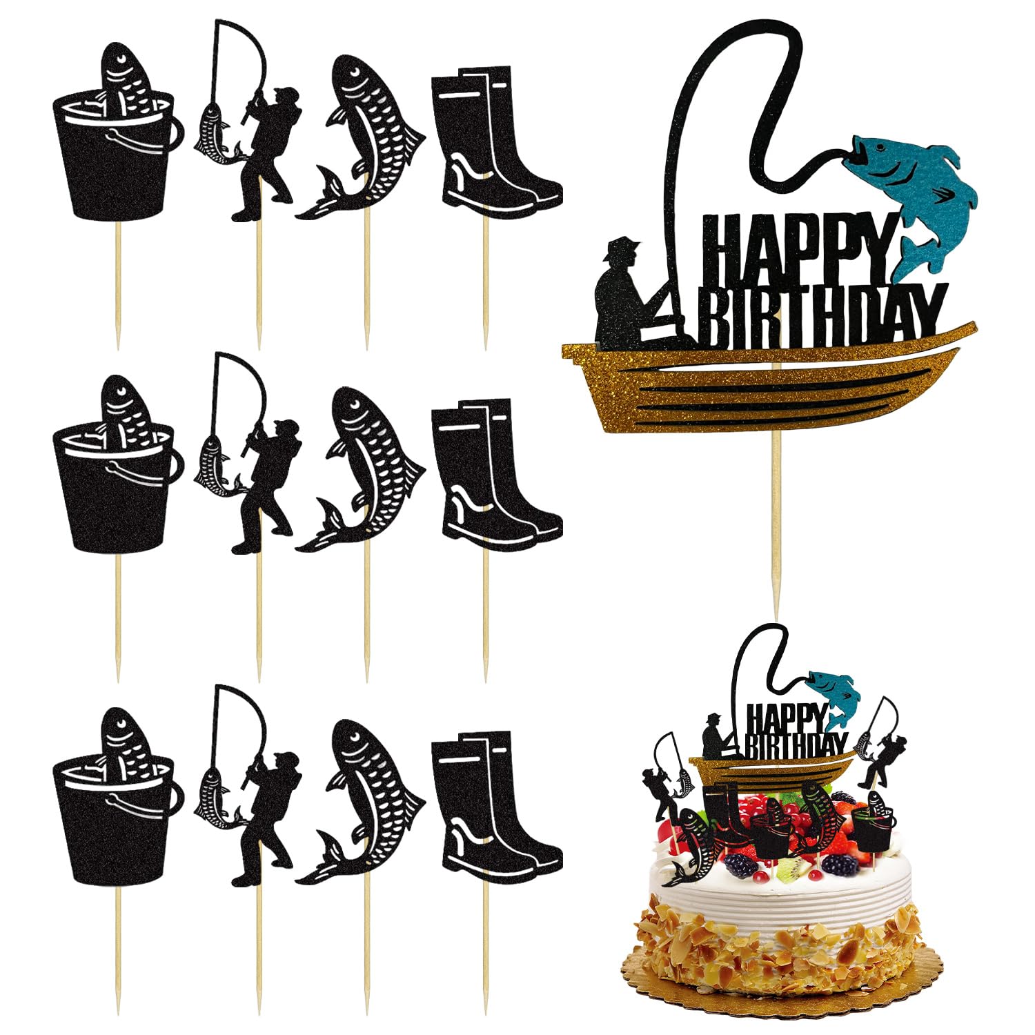 Gdfhbd Black 13 Outdoor Fishing Cake Card Inserts, Cartoon Cake Plug-Ins, Birthday Photo Props, And Party Decorations.
