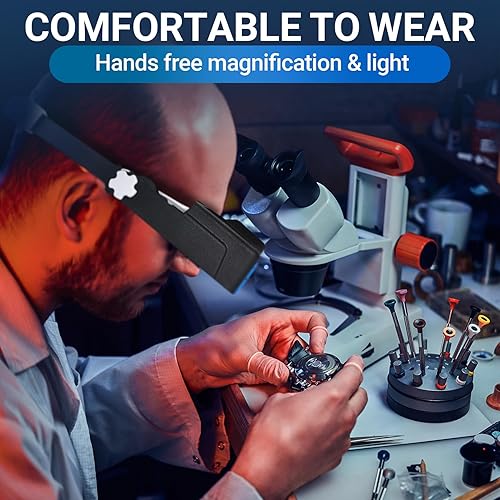 Miniatura 7 de YOCTOSUN Lupa con luz para trabajo cercano, lupa recargable con 4 lentes 1.5X-3.5X, visera de aumento de cabeza manos libres para pasatiempos,