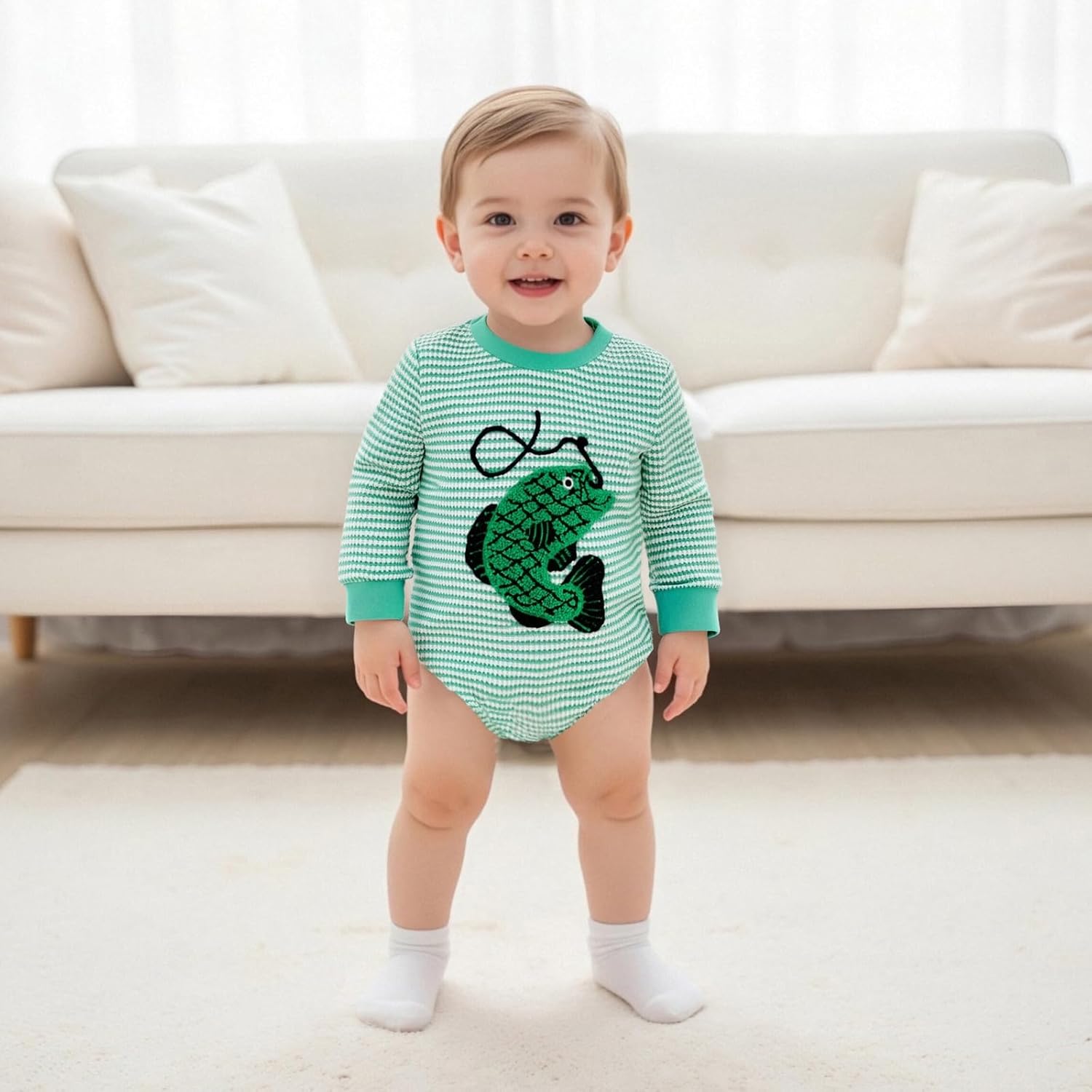 Fernvia Infant Baby Boy Fall Knit Striped Romper Helicopter Truck Fish Embroidered Crew Neck Long Sleeve Jumpsuit Clothes - Image 2