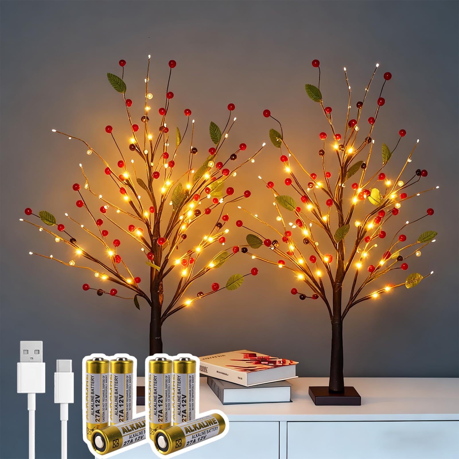 Red Berry Blossom Tree with Lights, New Reds Berry Blossom Twinkling Tree, 24 LED Artificial Bonsai with Battery/USB Operated for Tabletop Centerpiece Christmas Indoor Home Decor (2, Red)