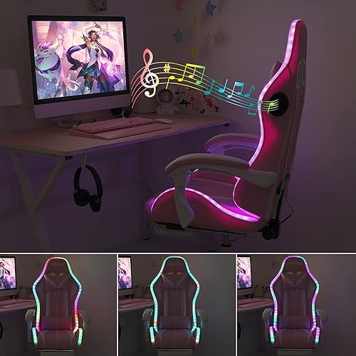 Miniatura 3 de HOFFREE Silla de juegos rosa con altavoces y luces LED, silla de masaje para videojuegos con reposapiés, silla reclinable de juegos para computadora