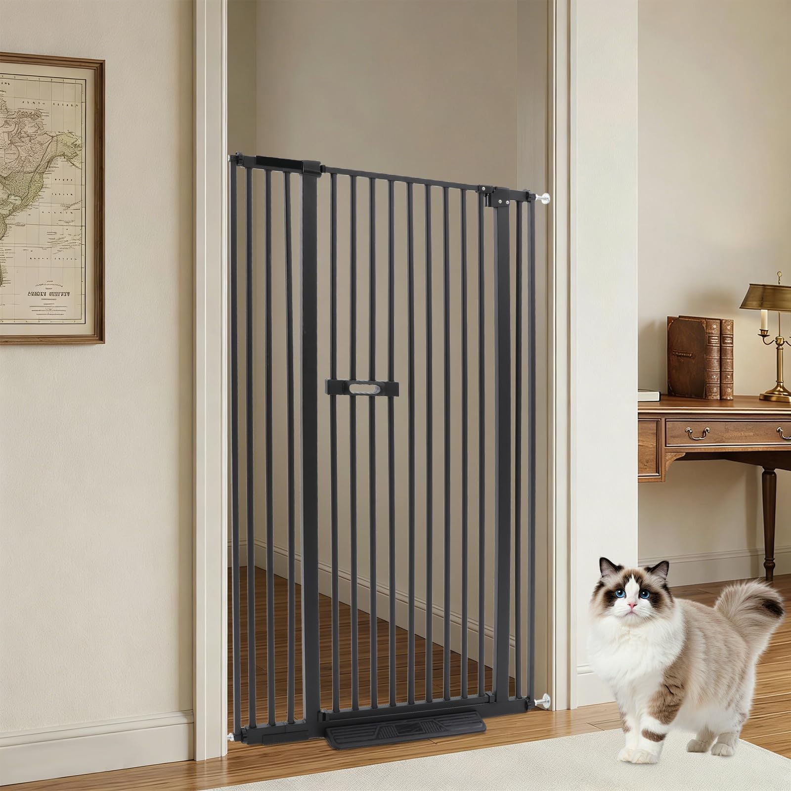 Rejilla de protección para gatos y perros, 150 cm, sin taladrar, doble bloqueo con puerta de gato, rejilla de puerta alta de acero al carbono, para puertas de un ancho de 86-95 cm