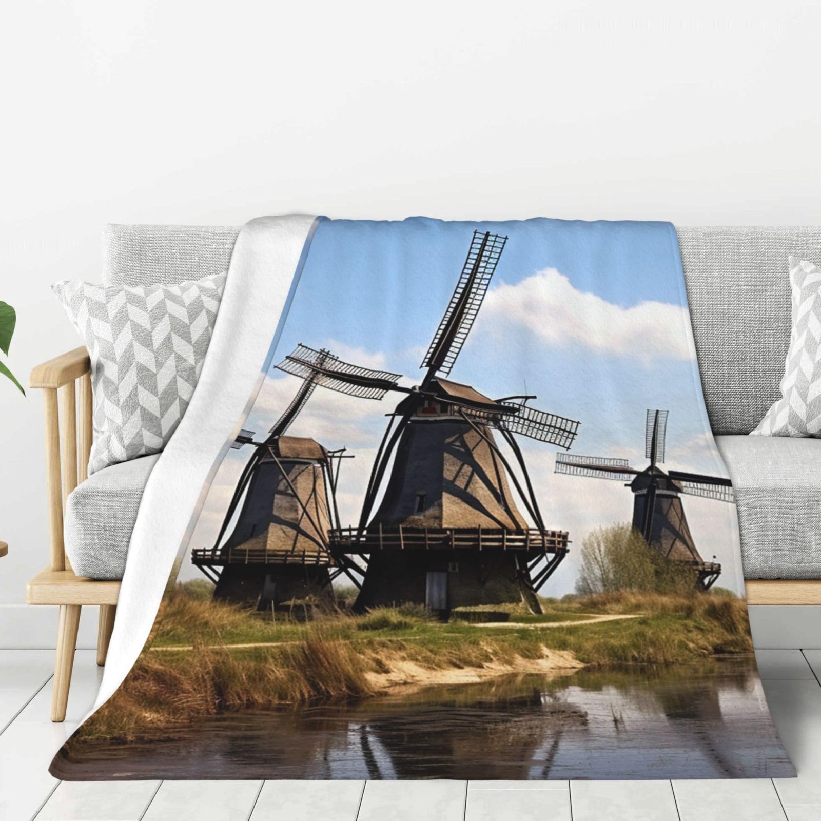 Windmills Throw Blanket Plush Flannel Fleece Blanket, Soft Lightweight Cozy Blankets 40"X30" for Bed Couch Sofa Travel
