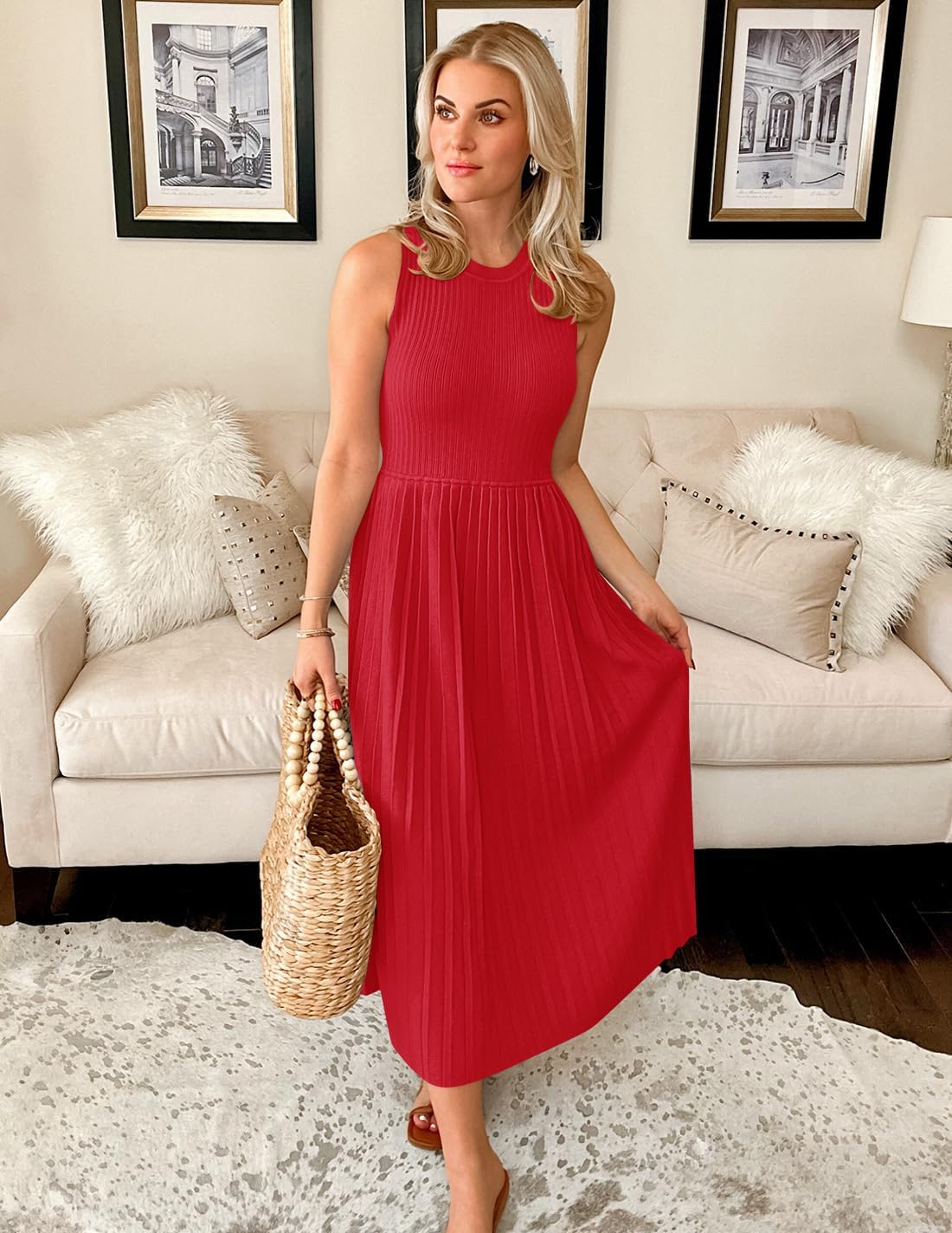 ZESICA Women's 2026 Summer Sleeveless Midi Dresses Casual Crewneck Ribbed Knit Pleated A Line Swing Long Party Dress - Image 5