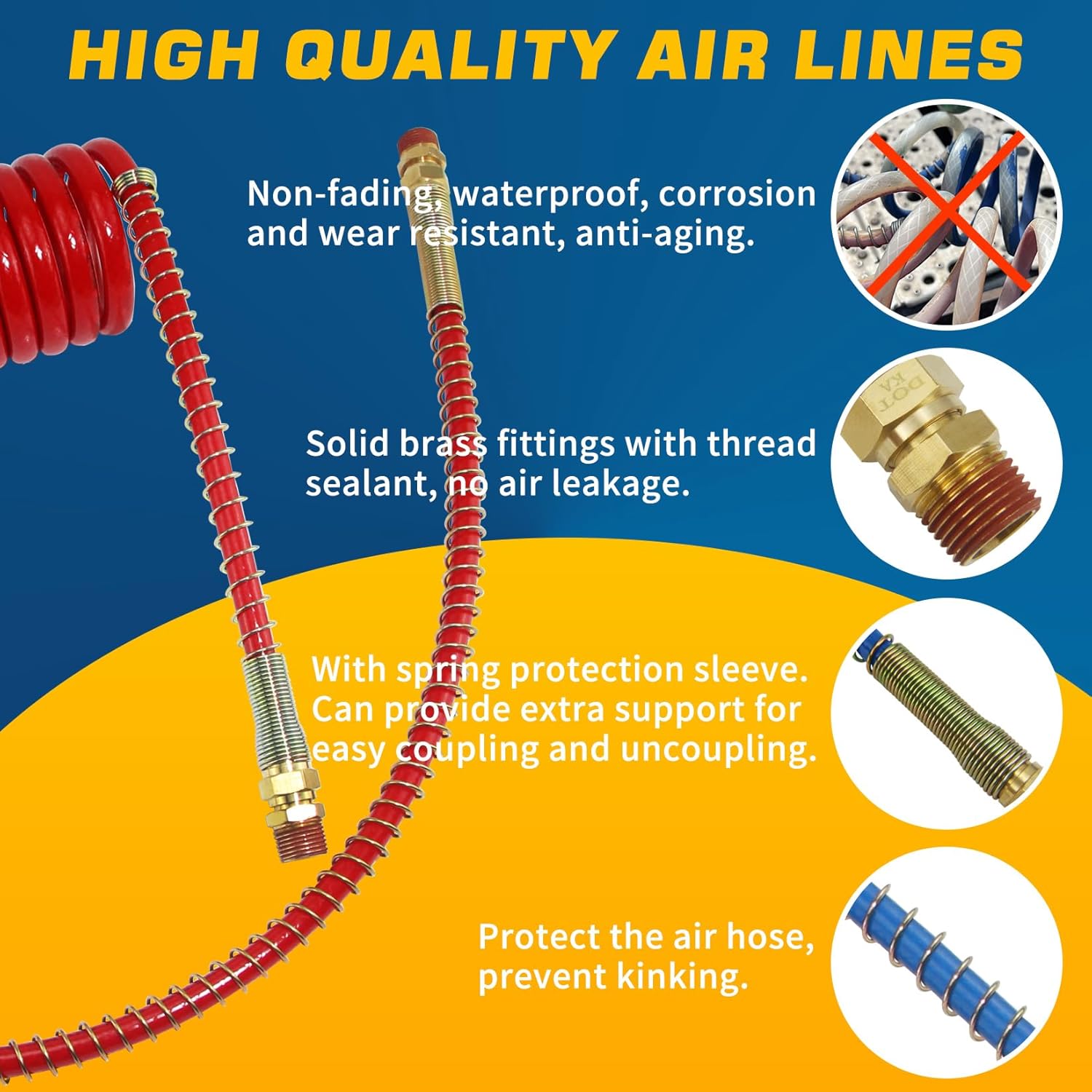 15Ft Coiled Air Brake Hoses Assembly and Accessory Kit 40'' & 12'' Pigtails Leads, Semi Truck Red Blue Coiled Air Brake Lines with Aluminum Glad Hands & Extension Handle Grips & Rubber Seals