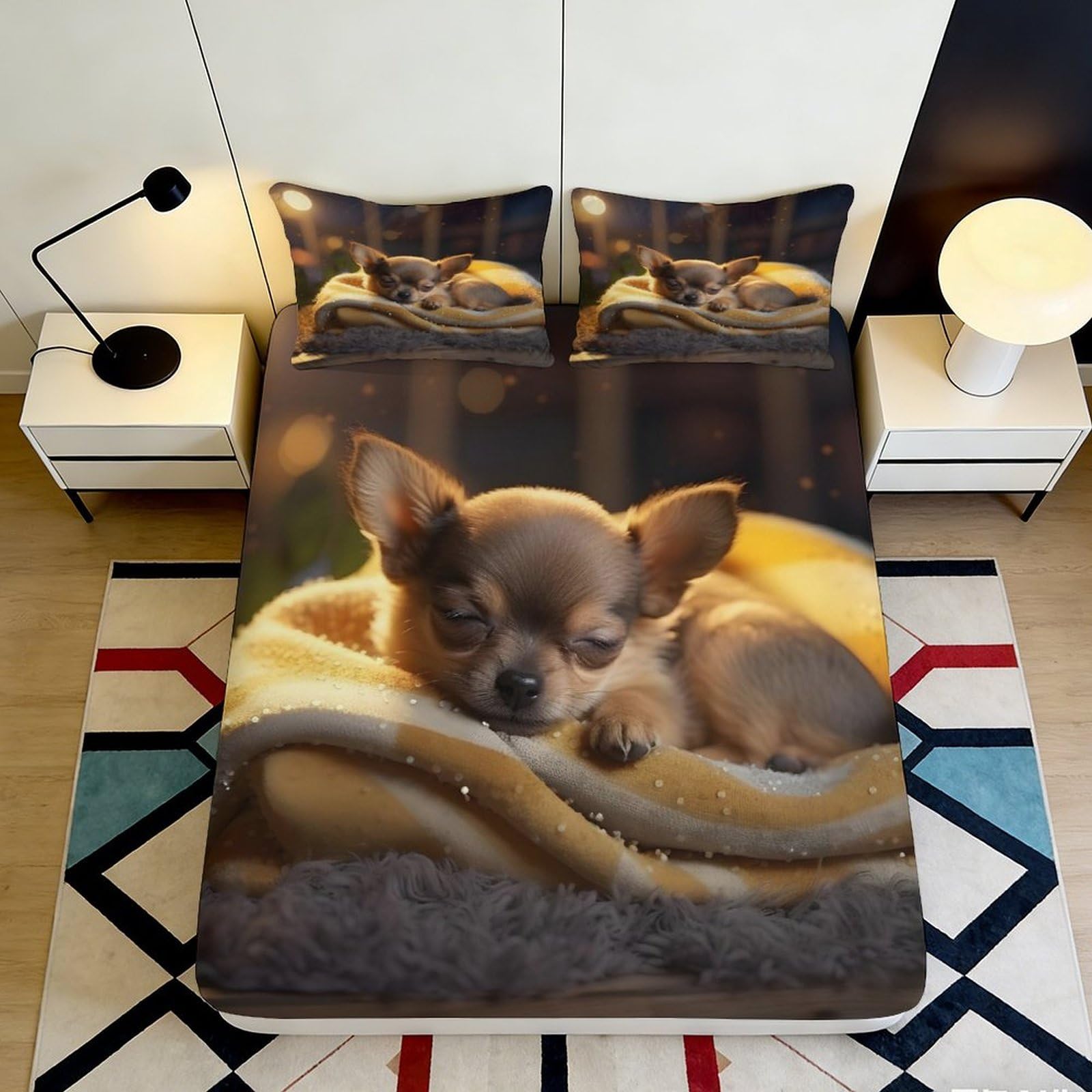 3D Printed Sleeping Puppy Fitted Sheet Microfiber Soft Breathable Cozy Blanket Bed Cover for Bedroom Dormitory Guest Room Mattress Protection Decor 120x200x25cm