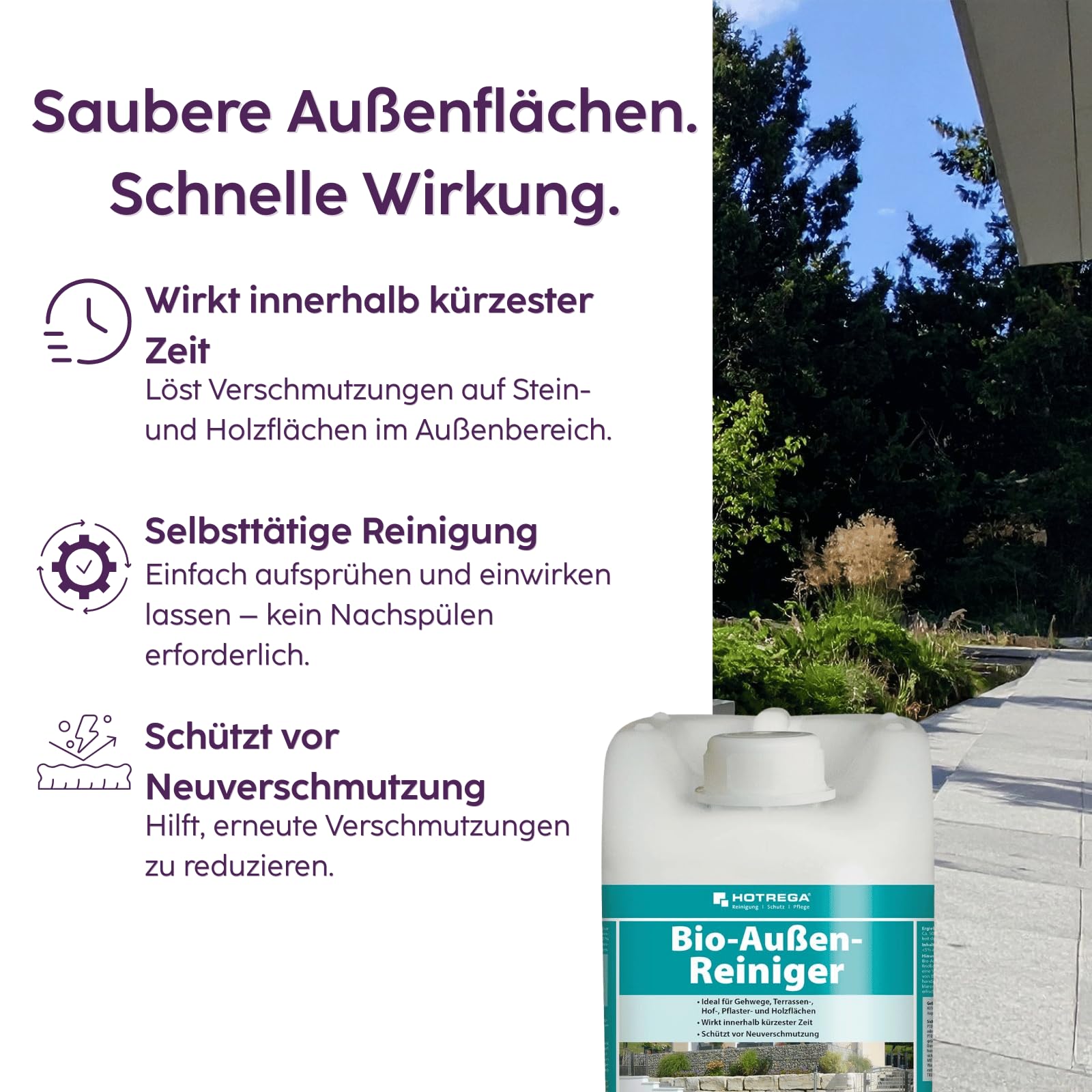 HOTREGA Bio-Außenreiniger 5 L | Konzentrat für Stein, Holz & WPC | Selbsttätige Tiefenreinigung von Terrasse, Mauer & Grabstein | Ohne Schrubben | Schützt vor Neuverschmutzung | Bis 500 m²