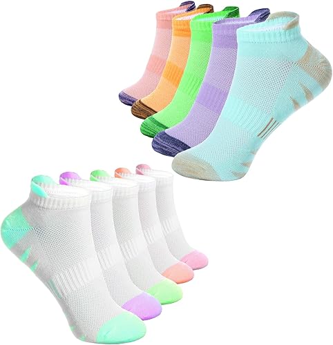 10 Pairs Socks for Girls,Breathable Ankle Athletic Sock,Mesh Cotton Girls Socks 8-10 Years Old,Sports Sock For Kids With Cushioned Sole(2 Styles,5 Colors)