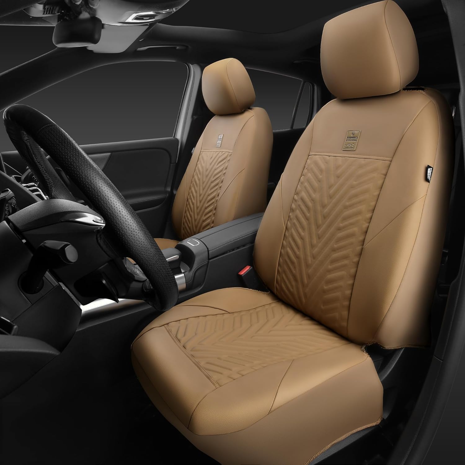 CAR PASS Faux Leather Car Seat Covers, 3D Tyre Embossed Waterproof Universal Fit 5 Seat Covers for SUV, Automotive Truck, Scratch Proof, Airbag Compatible (Deluxe Full Set, All Beige)