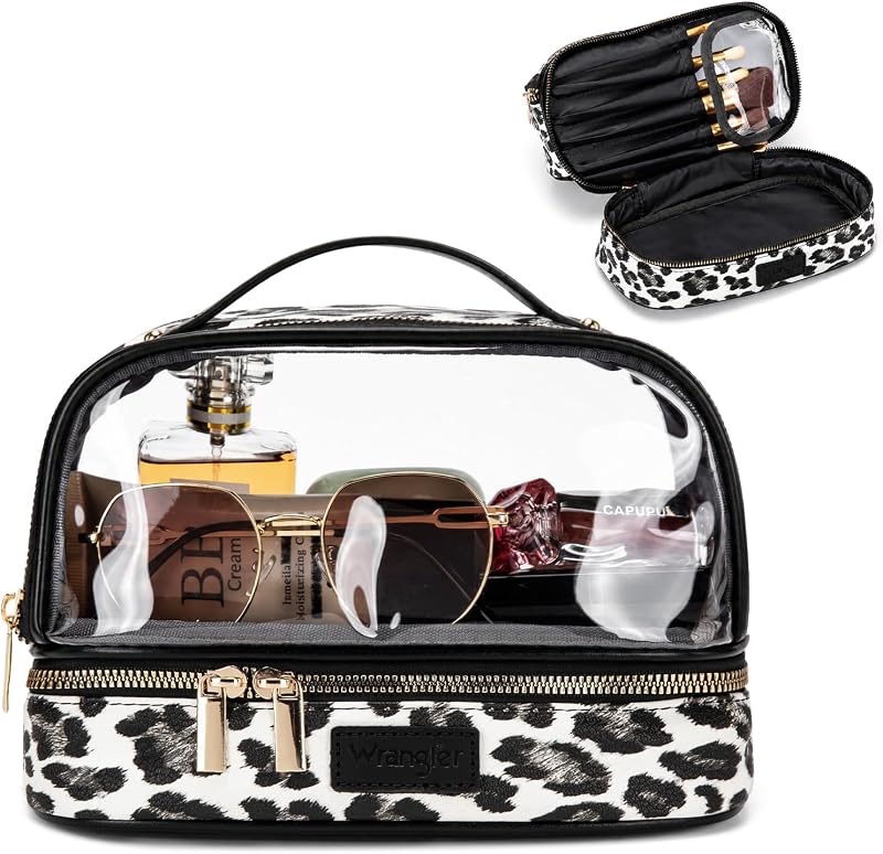 Necessaire Montana West em PVC transparente com 2 compartimentos e zíper, Leopard-Black, 1 unidade