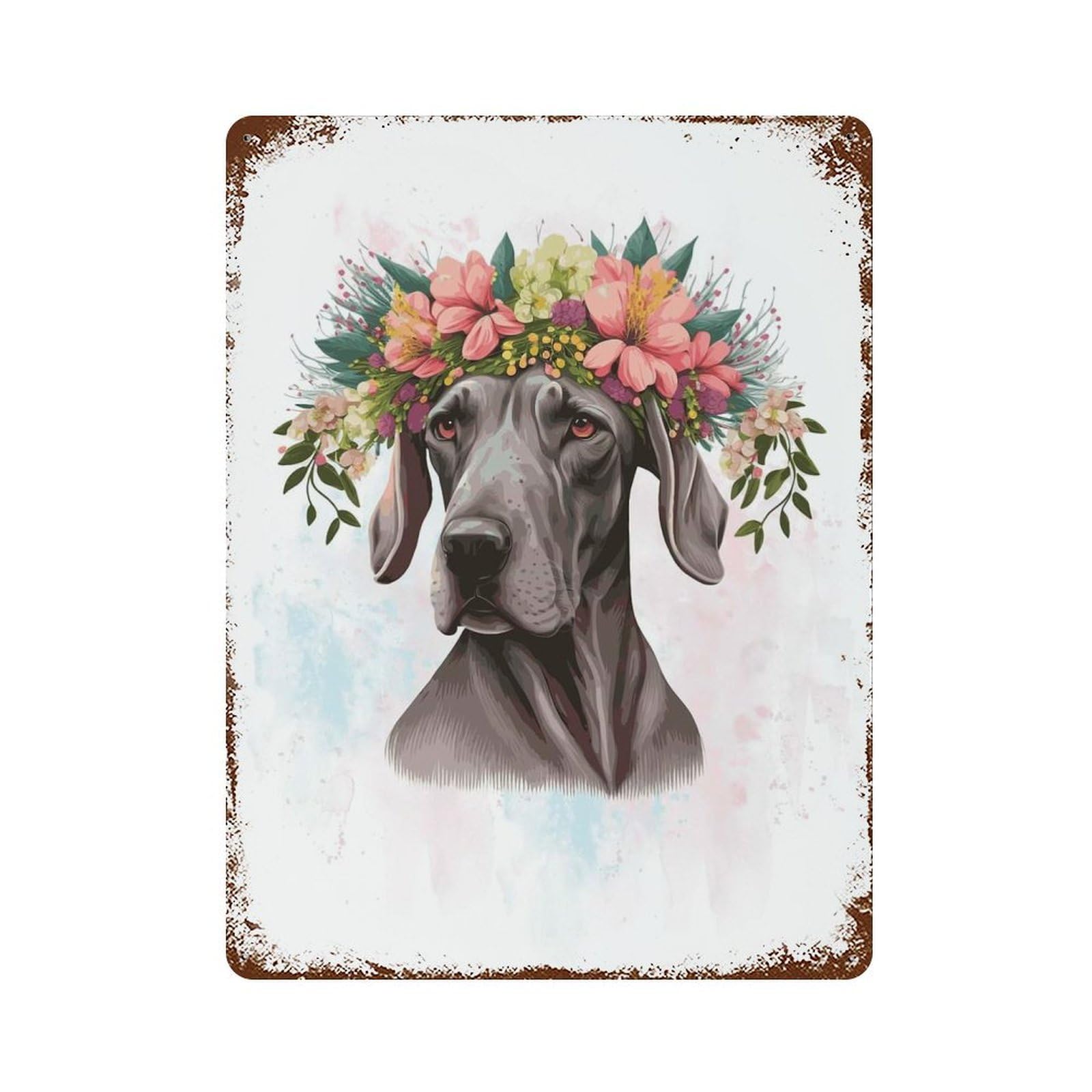 Floral Great Dane Dog Rust Effect Tin Sign 15.7"x11.8", Old School Wall Decor for Living Room, Hallway And Home Decor