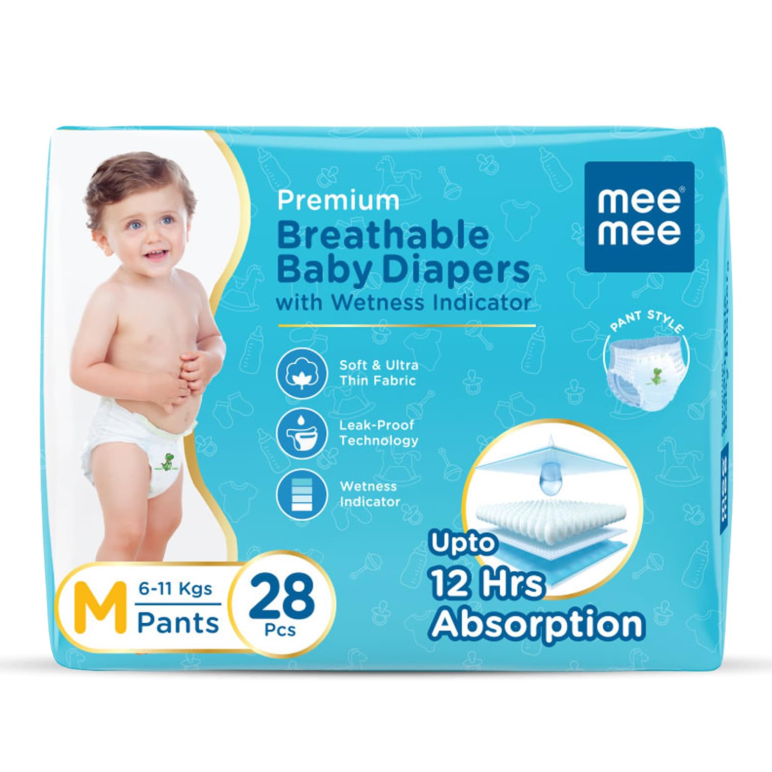 Premium Breathable Baby Diaper Pants, (M) size, Pk of 28 For 6-11 Kgs | Fast Absorbing, Cotton Soft Feel with Wetness Indicator |Double Layer Leakage & Anti-Rash Shield