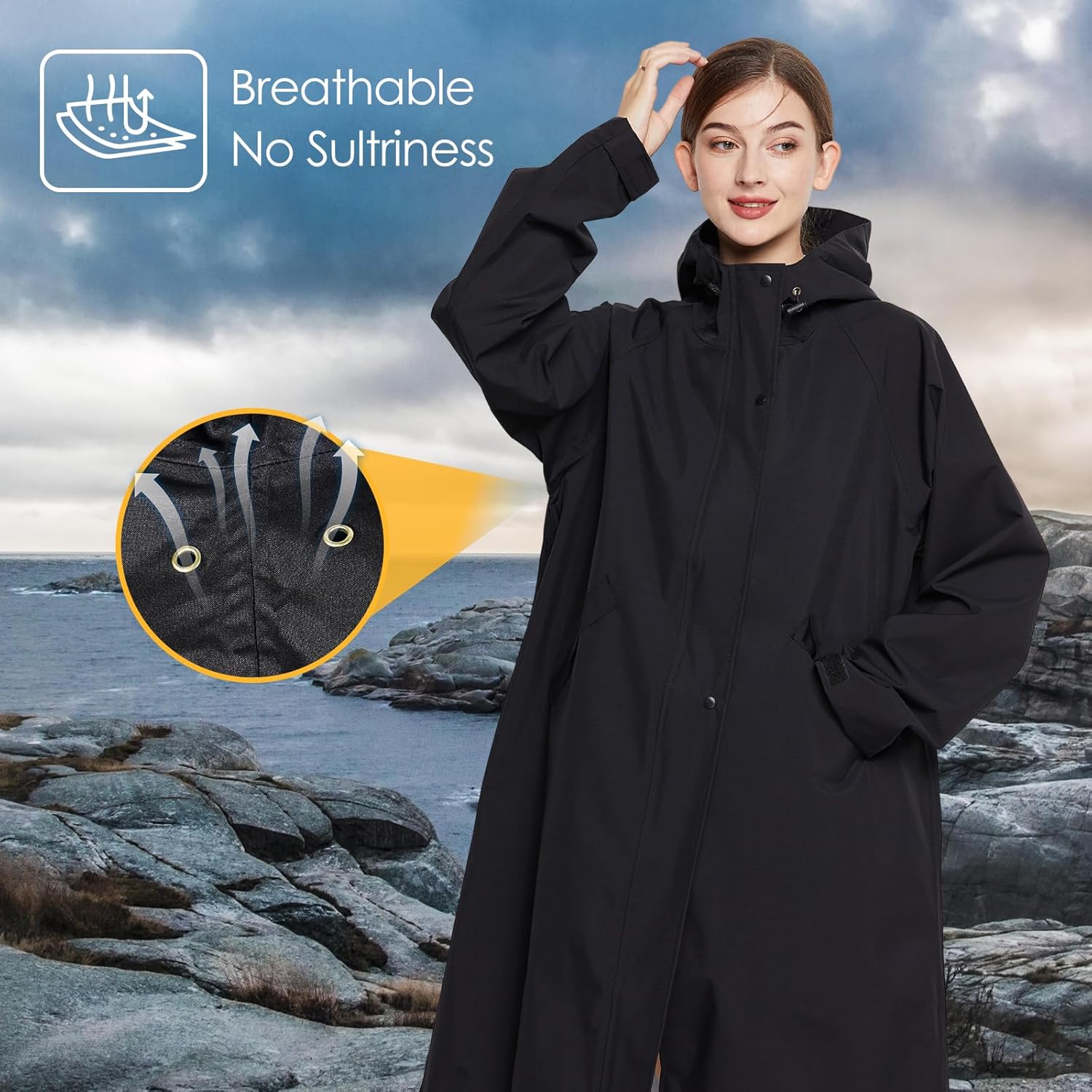 LAMA Long Raincoat for Women, Lightweight Rain Coat with Hooded, Waterproof Rain Jacket, Packable Rainwear - Image 6
