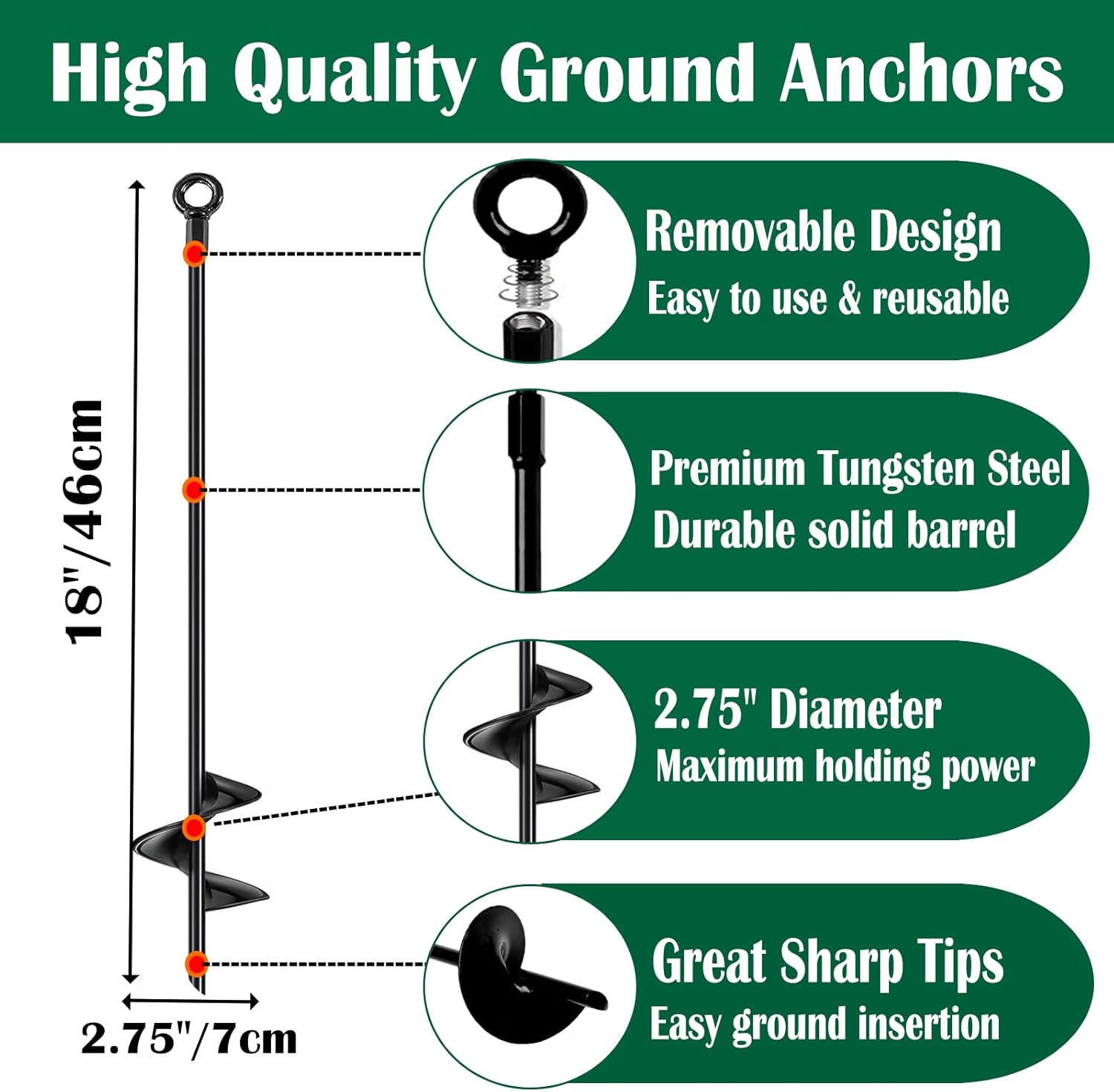 18 inch Ground Anchors Srew in Heavy Duty, Earth Shed Anchor Kit, Trampoline Stake Hook for Dirt, Swing Sets, Playset, Tent, Canopy, Carport, Mobile Home Tie Down, 6 Pack