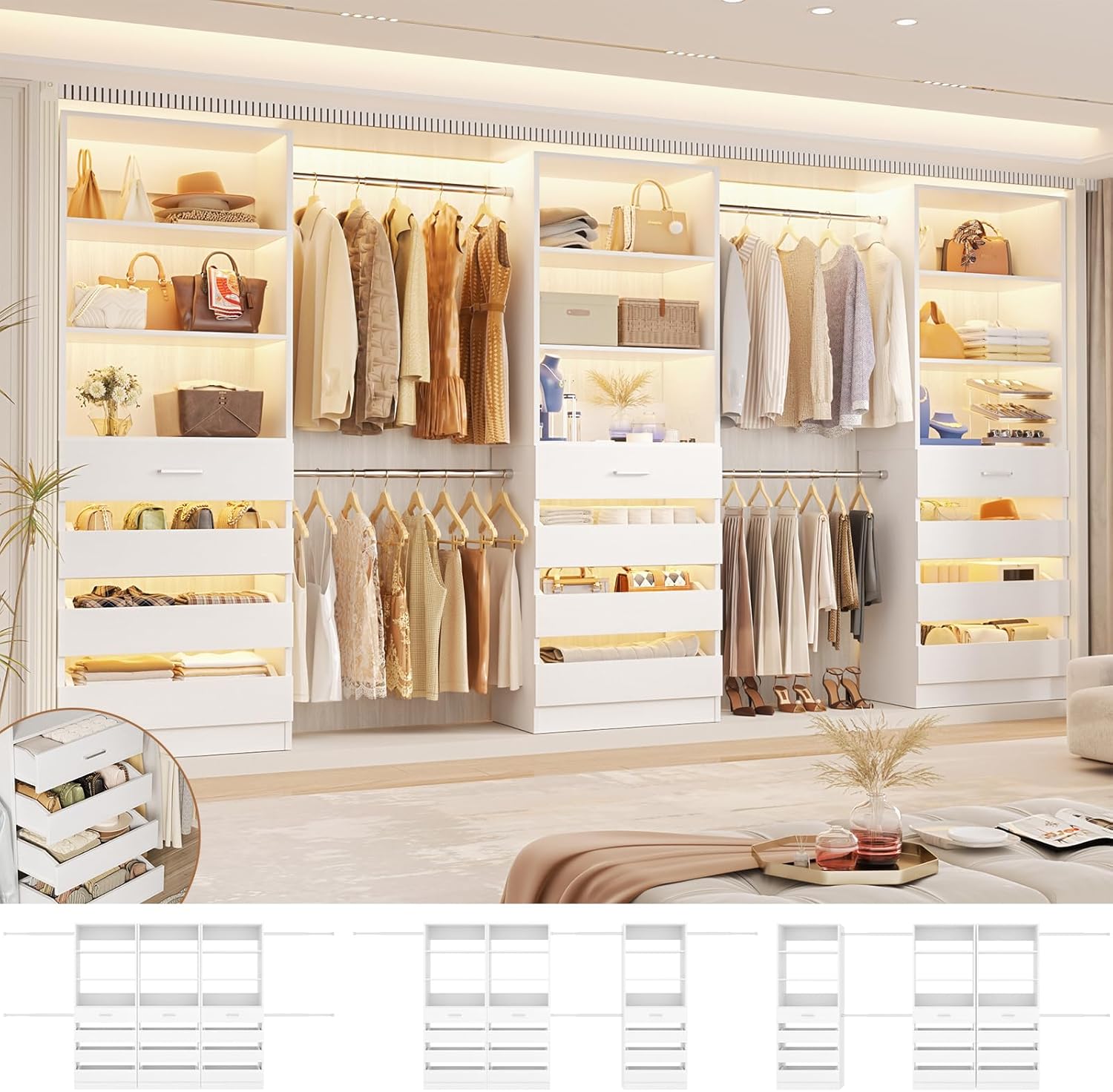 Aheaplus Closet System with 12 Drawers, 8.5-11.5Ft Wood Closet Organizer System with 4 Hanging Rods & 3 Towers, 4Ft & 6Ft L-Shaped Walk-in Closets Wardrobe Organizer Clothes Rack, Set of 3, White