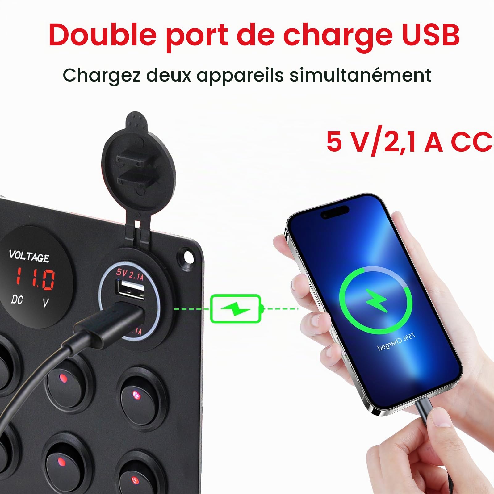 KAOLALI 8 Gang Panneau de Commutation à Bascule 12V/24V, Rouge LED Étanche | Interrupteur à Bascule Étanche, 4,2 A Double Chargeur USB, Affichage Numérique, pour Voiture, Marine, Bateau, Camping-Car
