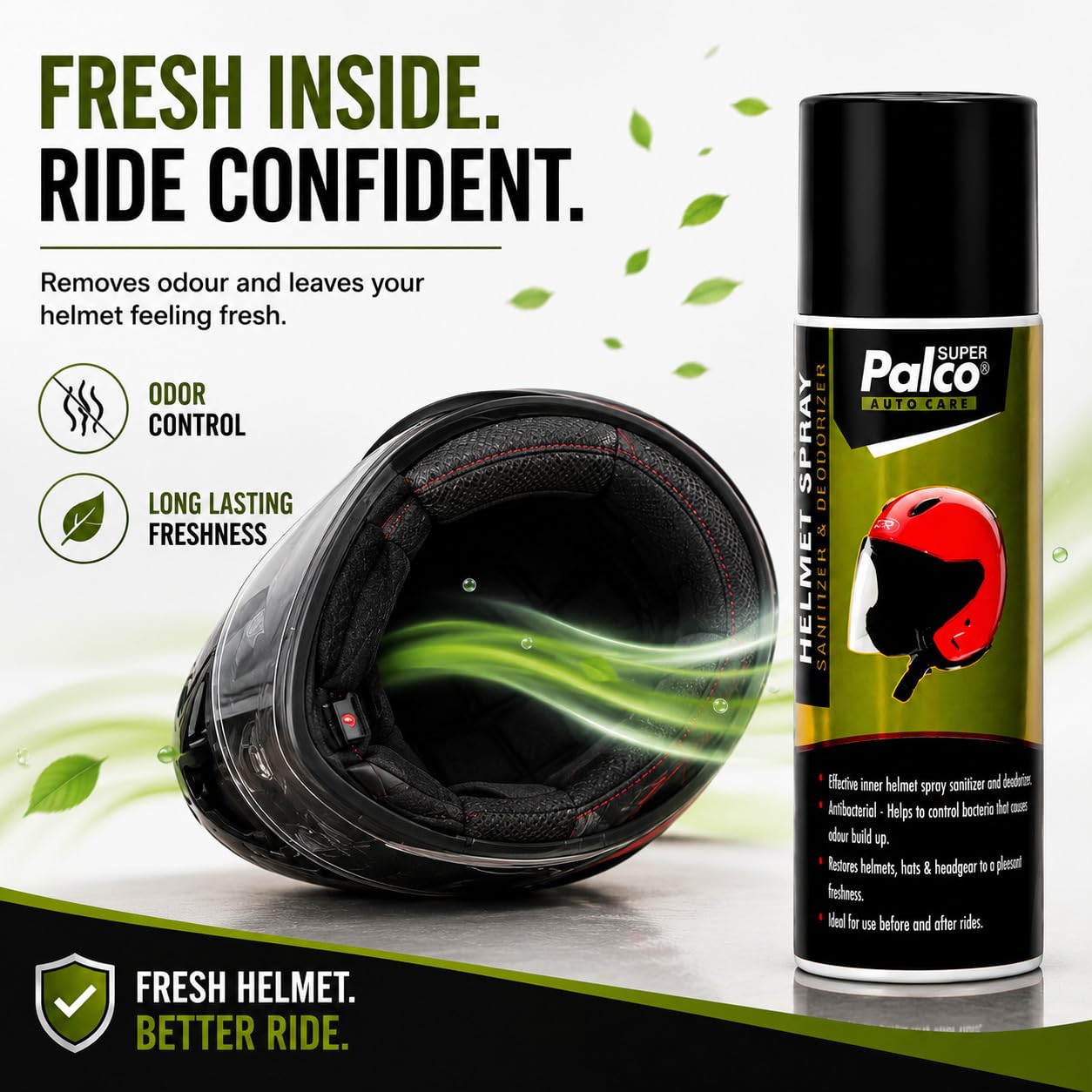 PALCO Helmet Cleaner Spray Inner Foam 150ml (Pack of 1), Sanitizer & Deodorizer Anti-Bacterial Helmet Cleaning Spray, Quick Drying, Safe for Hair & Skin, Helmet Interior Cleaner Removes Bad Odor