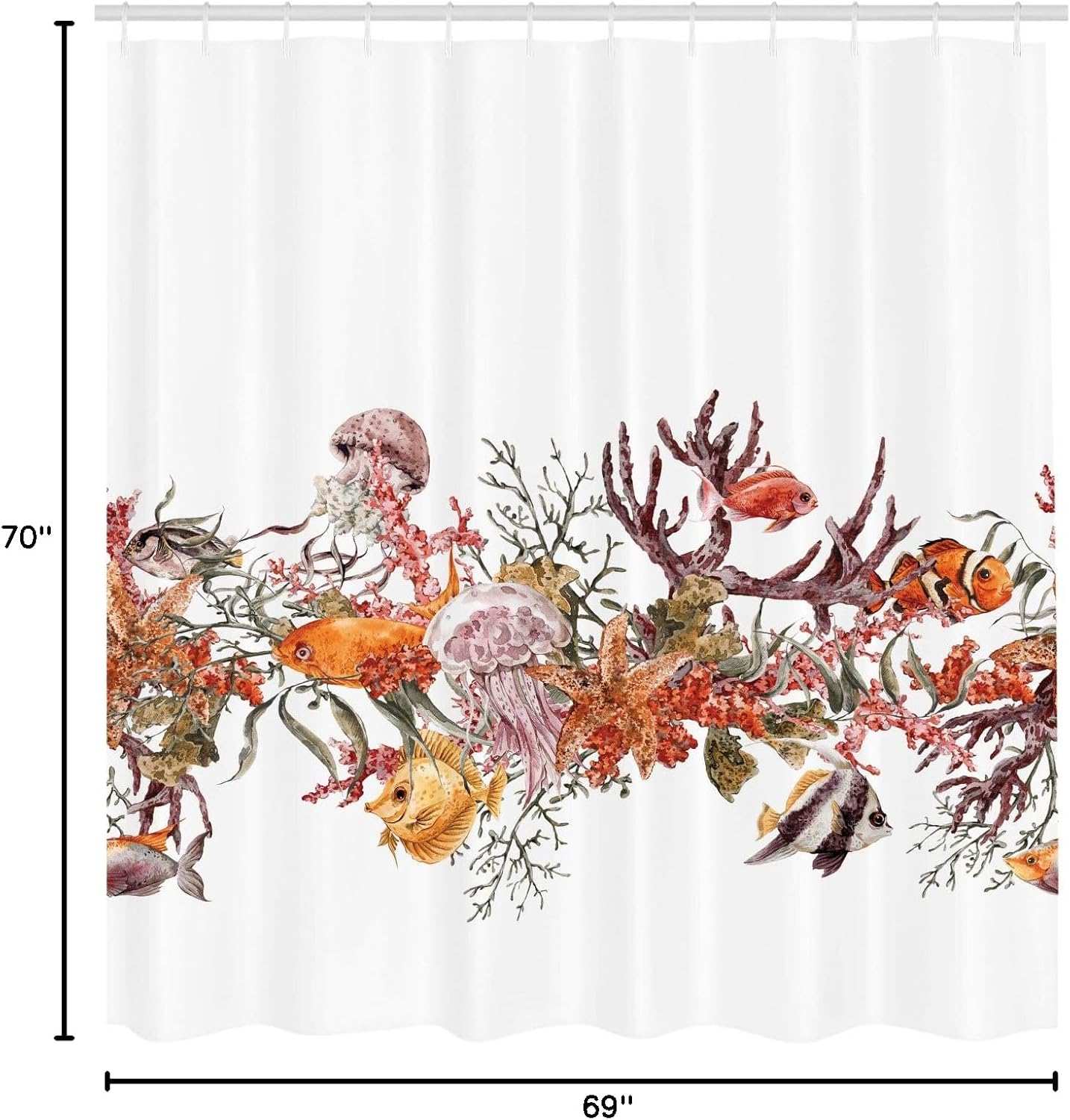 Ambesonne Sea Animals Shower Curtain, Fish Seaweed Starfish Coral Algae Jellyfish Sea Life Summertime Illustration, Cloth Fabric Bathroom Decor Set with Hooks, 69" W x 70" L, Mustard Olive