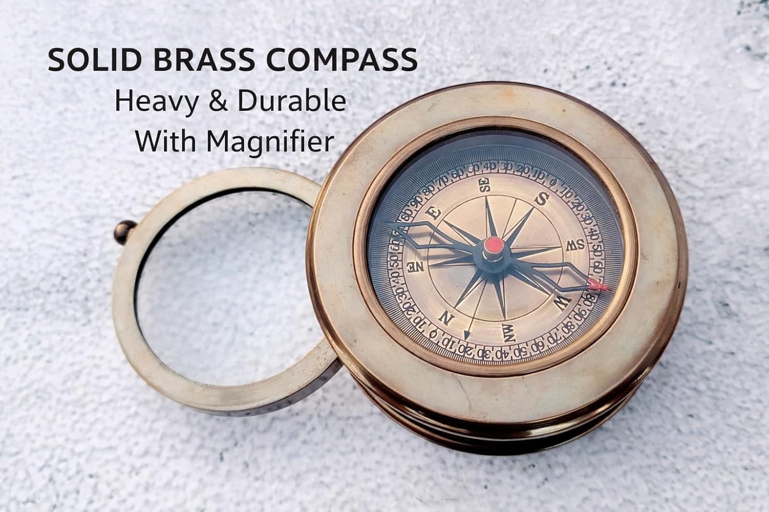 Antique Brass Compass with Magnifier – Personalized Engraved Nautical Compass Gift, Vintage Desk Decor & Paperweight for Home Office