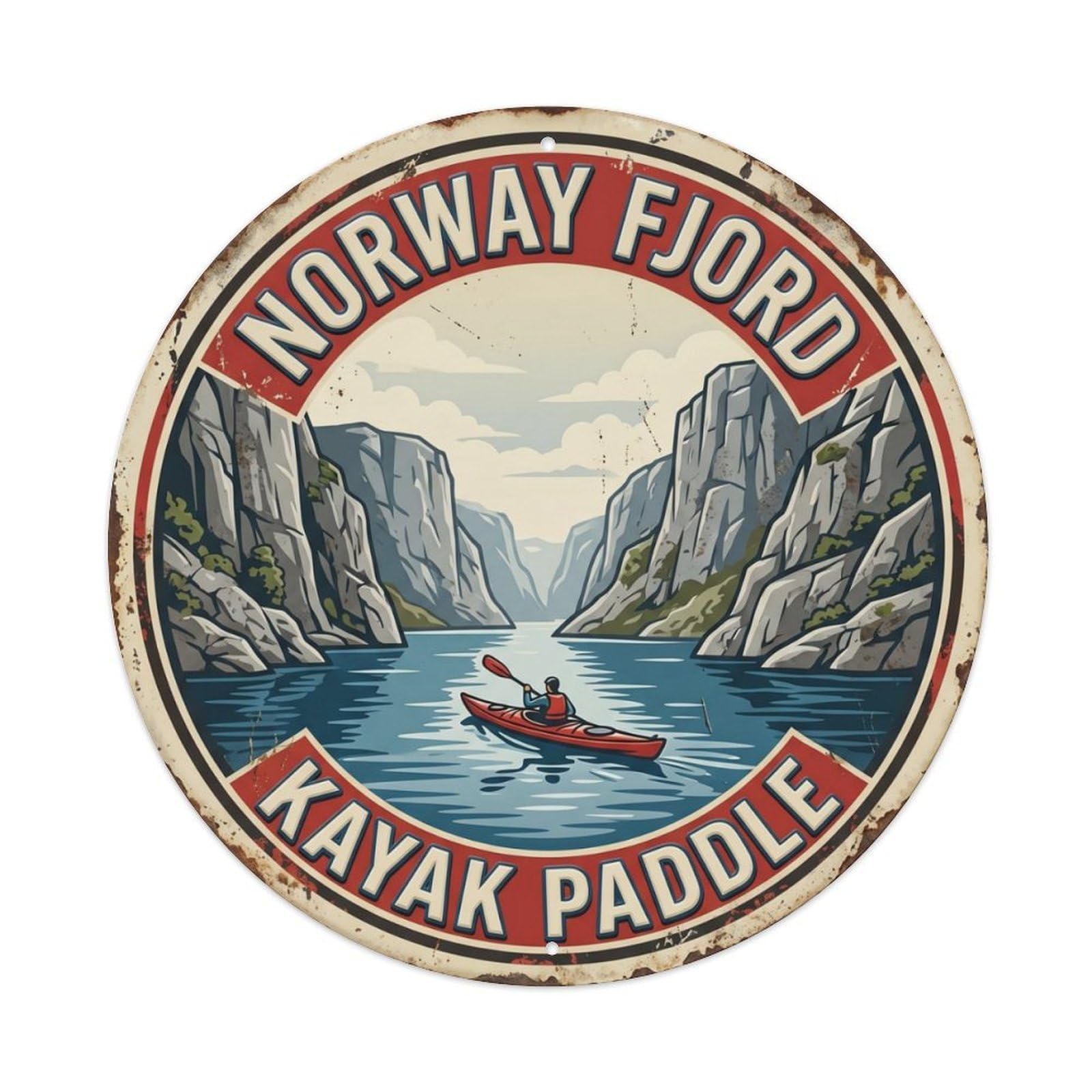 Fjord Kayak Paddle Norway Adventure Metal Tin Sign Plaque Wall Decor for Cafe, Club Bar, Office, Home Garden Round Metal Poster 8x8Inch