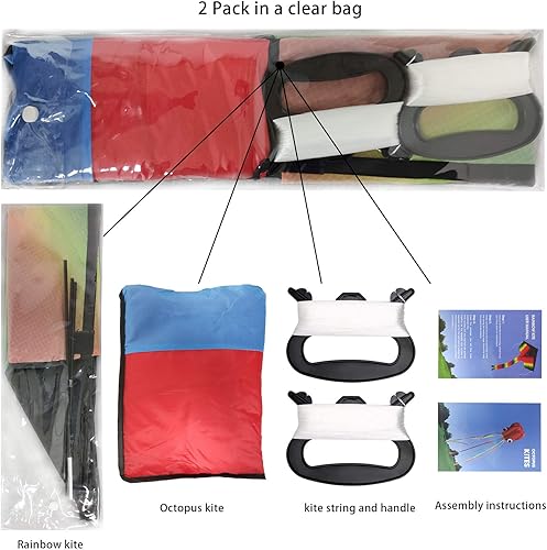 Miniatura 2 de Paquete de 2 cometas – Cometa grande de arcoíris y pulpo molusco rojo con cola larga colorida para niños, juegos al aire libre, actividades, viaje a