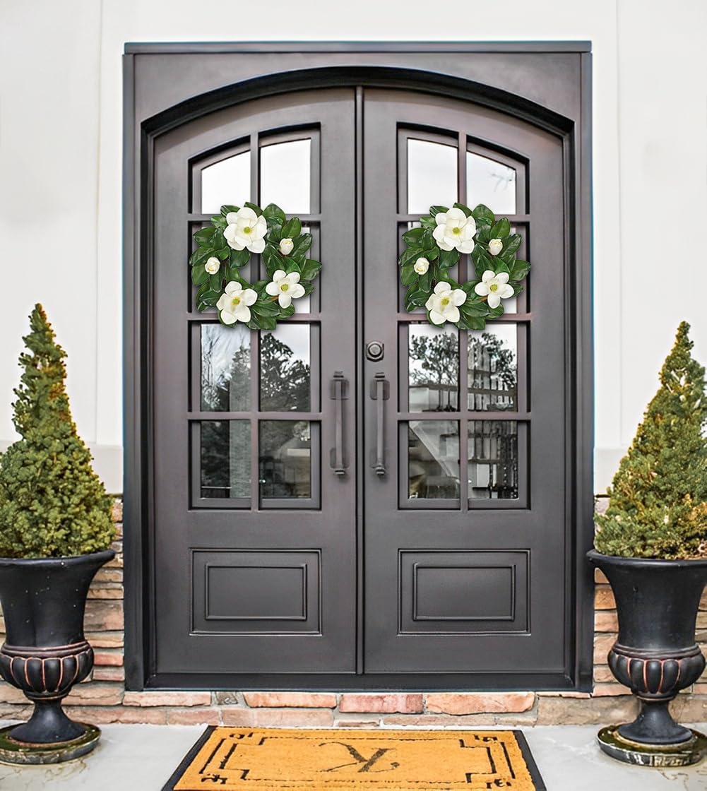 20" Artificial Wreath for Front Door White Magnolia Wreath Greenery for Easter Spring Housewarming Wedding Farmhouse Mantel Door Decoration
