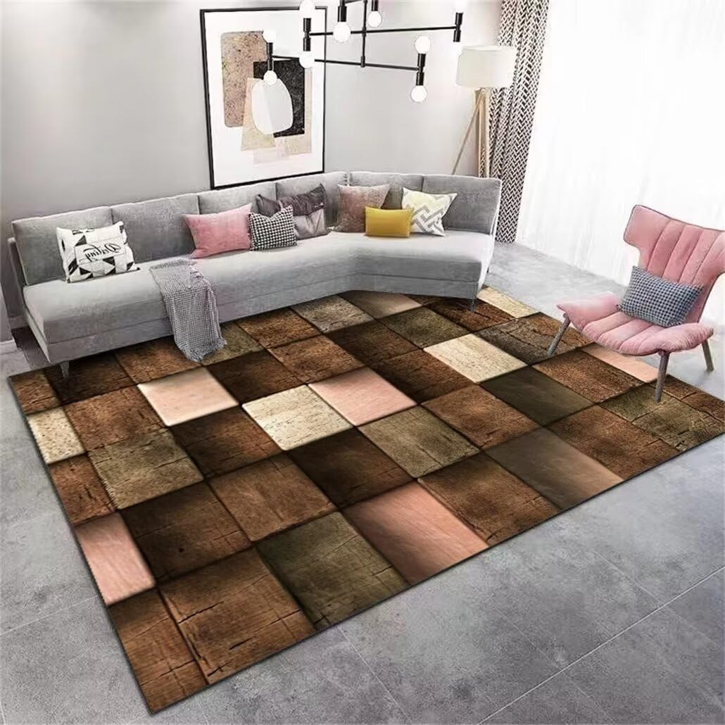 Grand tapis de salon brun 250x300cm en 3D lavable pour espace enfant