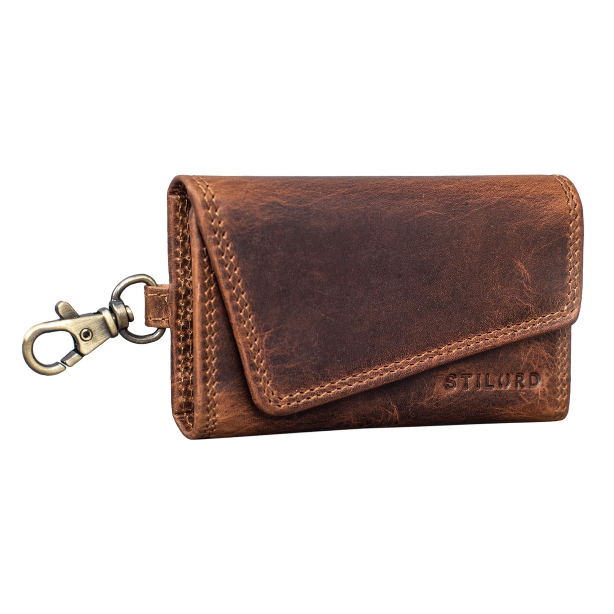 STILORD “Tinus” Portachiavi con Moschettone Pelle Vintage Astuccio Portachiavi con Portacarte Anti RFID Portamonete con Anelli per Chiavi Cuoio Genuino Colore:kara - cognac