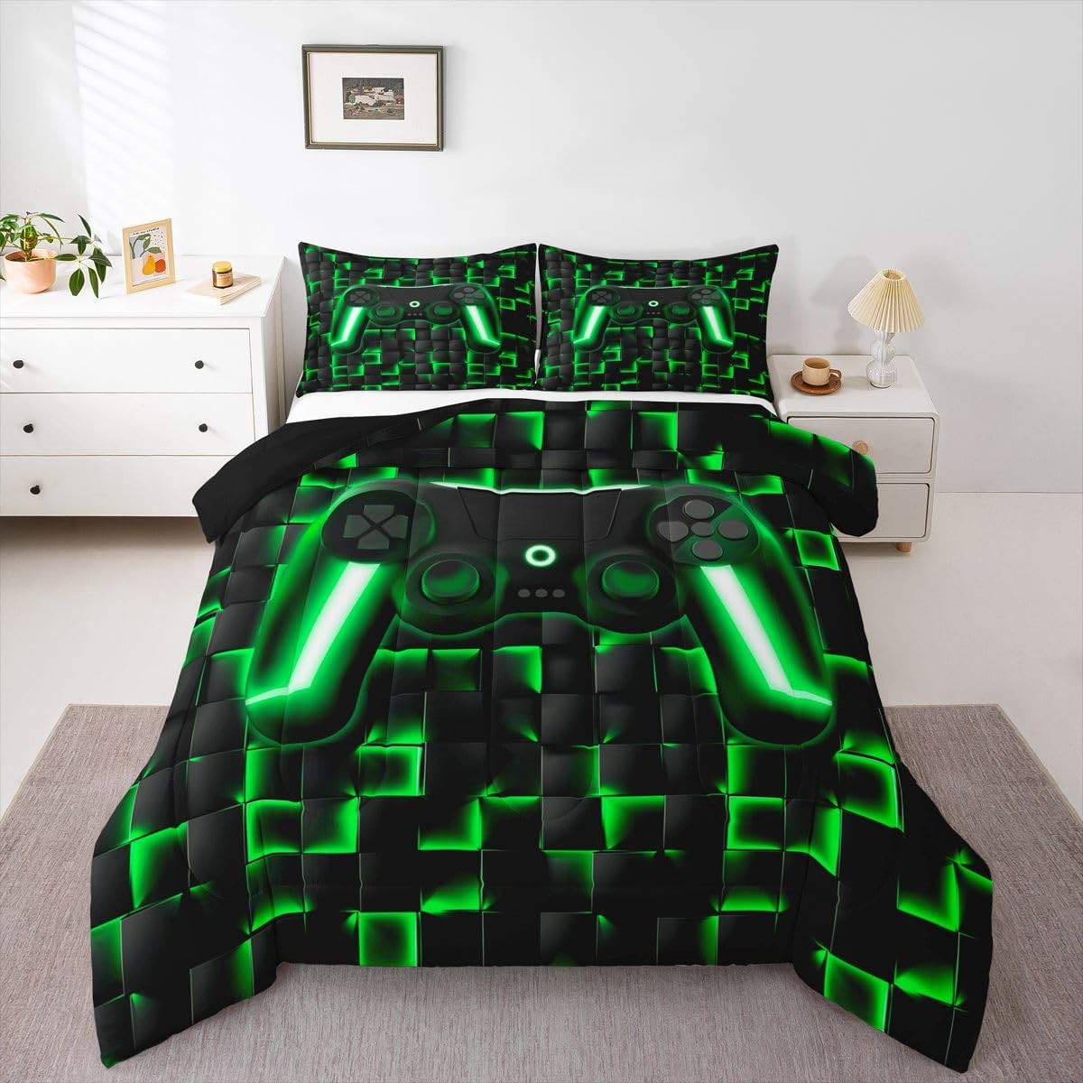 Erosebridal Gamer Comforter Twin Bedding Sets for Boys 3D Geometric Gaming Comforter Set for Kids Girls Men,Neon Ombre Checkered Game Console Bed Set Lightweight Quilt Duvet 2 Piece Black Green