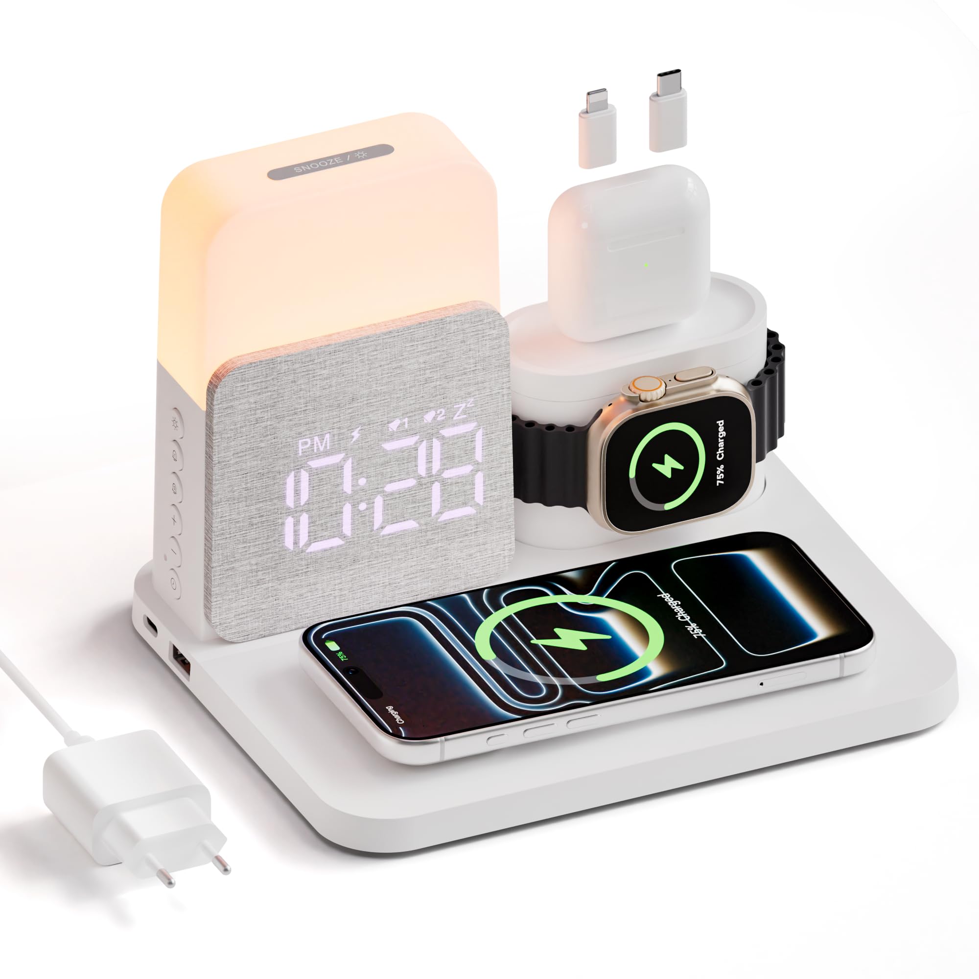 5 in 1 Caricatore Wireless per i-phone, Stazione di Ricarica con Sveglia | Caricatore 3 in 1 A-Watch Air-Pods i-phone 17-11 e Luce 3 Colori Regolabile, Adattatore Incluso – per Camera, Ufficio