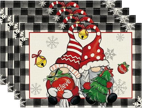 Artoid Mode Gnome Believe - Juego de 4 manteles individuales de Navidad, 12 x 18 pulgadas, copos de nieve de invierno de temporada para fiestas,