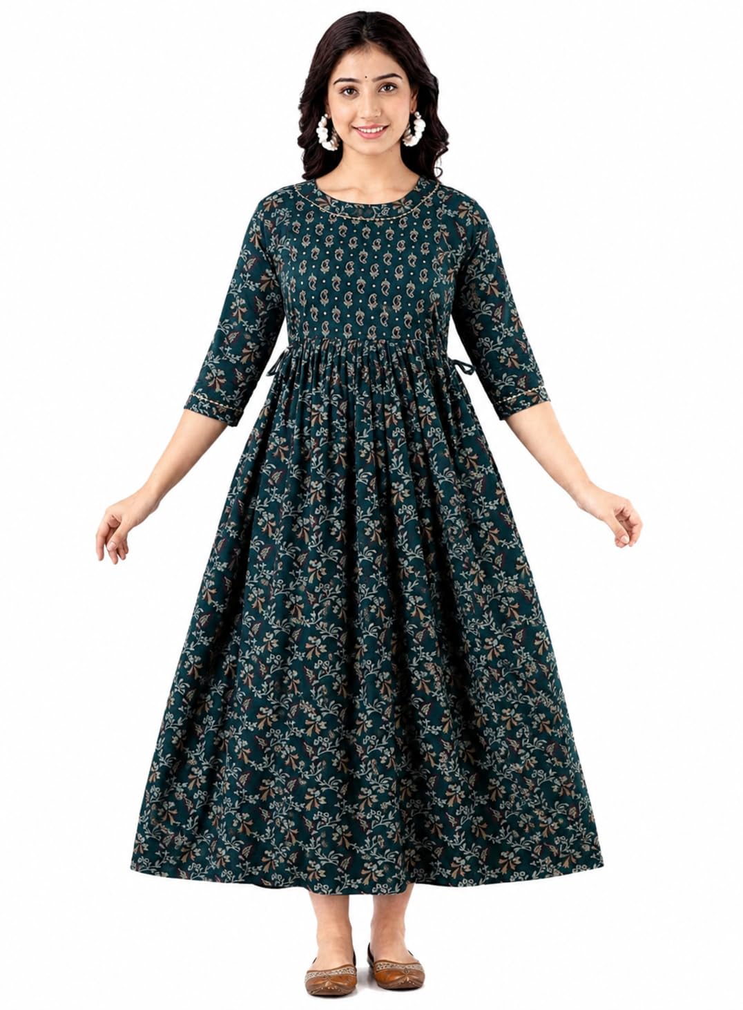 Women's Bottle Green Floral Printed Anarkali Maxi Dress | Round Neck 3/4 Sleeve Flared Long Dress for Women | Casual Ethnic Model MT Bottle Green-image-38