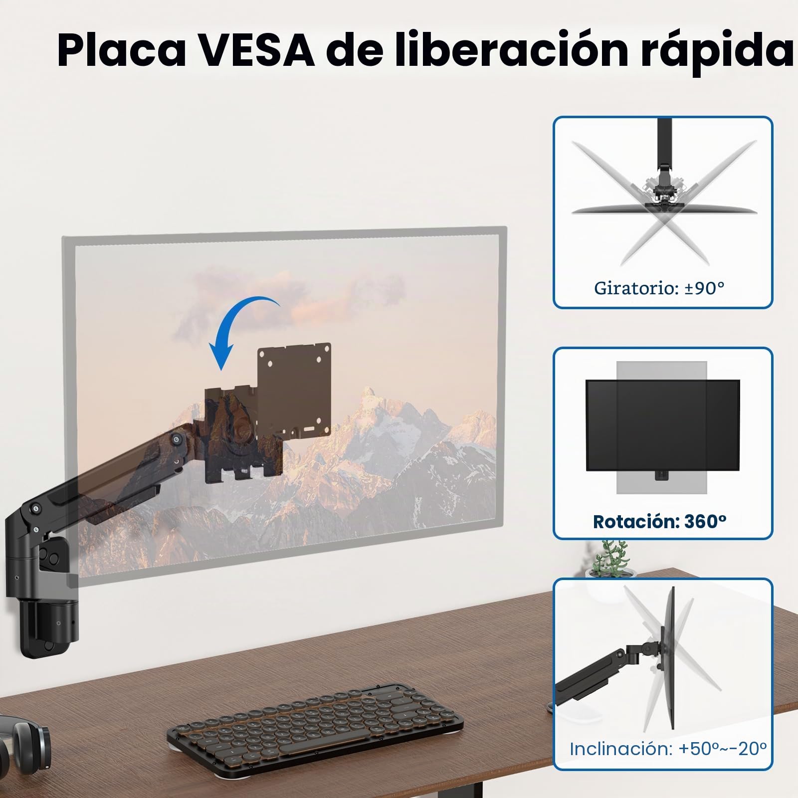 PUTORSEN Soporte Monitor Pared de 17 a 49 Pulgadas hasta 20 kg, Brazo Monitor Pared con Resorte de Gas Completamente Ajustable, Inclinación y Giro, Altura Ajustable, VESA 75/100 mm