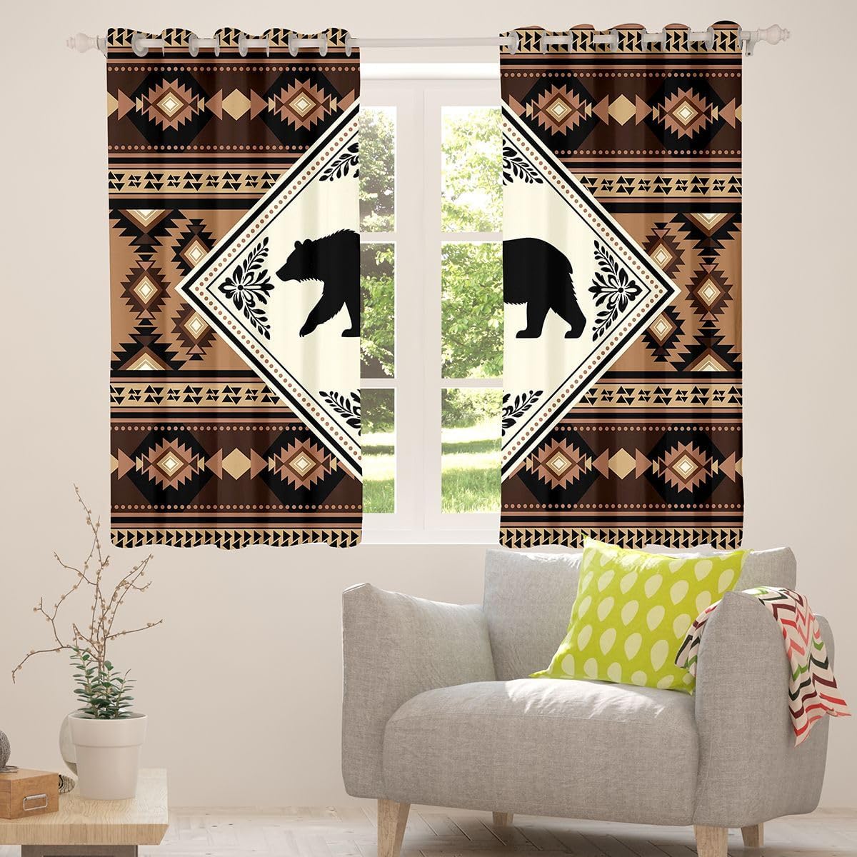 Feelyou Southwestern Aztec Blackout Curtains Rustic Bear Print Darkening Drapes for Bedroom Living Room Decor Country Tribal Native Thermal Insulated Shades Window Treatments, 2 Panels 52 x 96 Inch