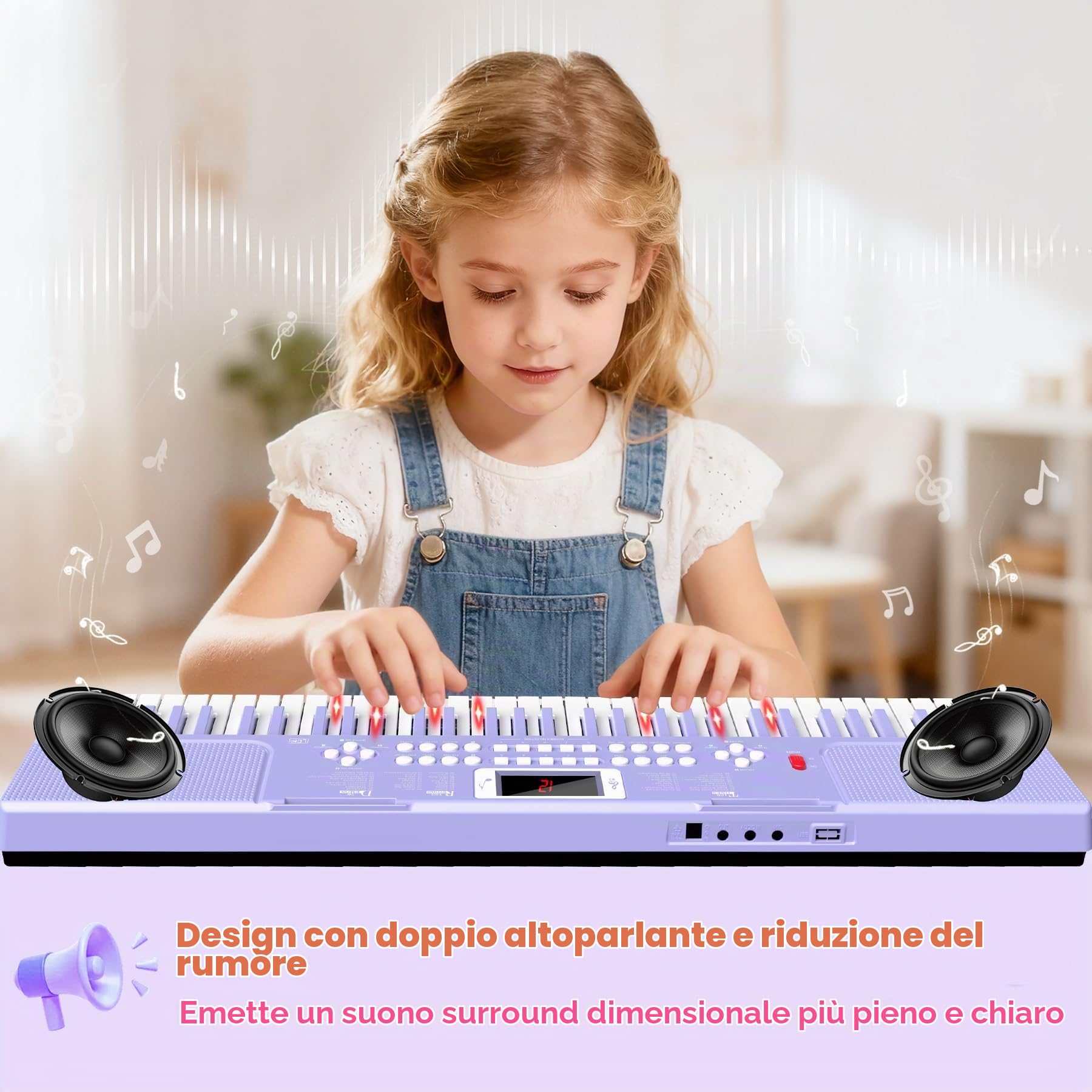 Pianola Tastiera Bambini, Elettronica Portatile 61 Tasti con Tasti Luminosi | Giocattolo Musicale Educativo per l’Apprendimento Precoce con Leggio e Microfono, per Principianti 3 4 5 6 7 8 Anni, Viola