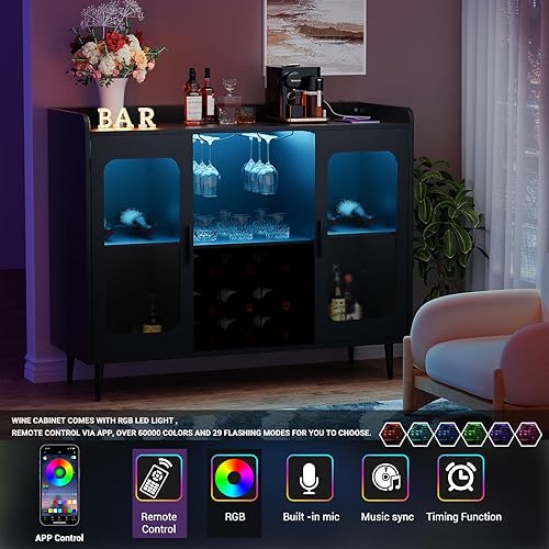Miniatura 3 de Barra de licor con toma de corriente y luz LED, gabinete de bar de vinos con estante para vino y vasos, gabinete de barra de café para el hogar,
