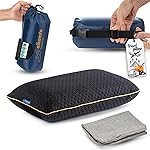 alkamto Travel & Camping Comfortable Memory Foam Pillow - Easy to Carry Portable Bag - Temperature Regulating Pillow Case (Black + Extra Cover)