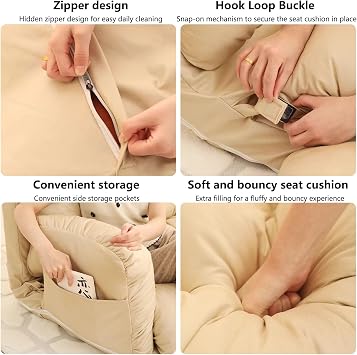 Large Foldable Lazy Sofa Bed Convertible Cozy Sofa with 6 Adjustable Position, Detachable Breathable Technical Fabric for Living Room, Bedroom, Balcony,Beige