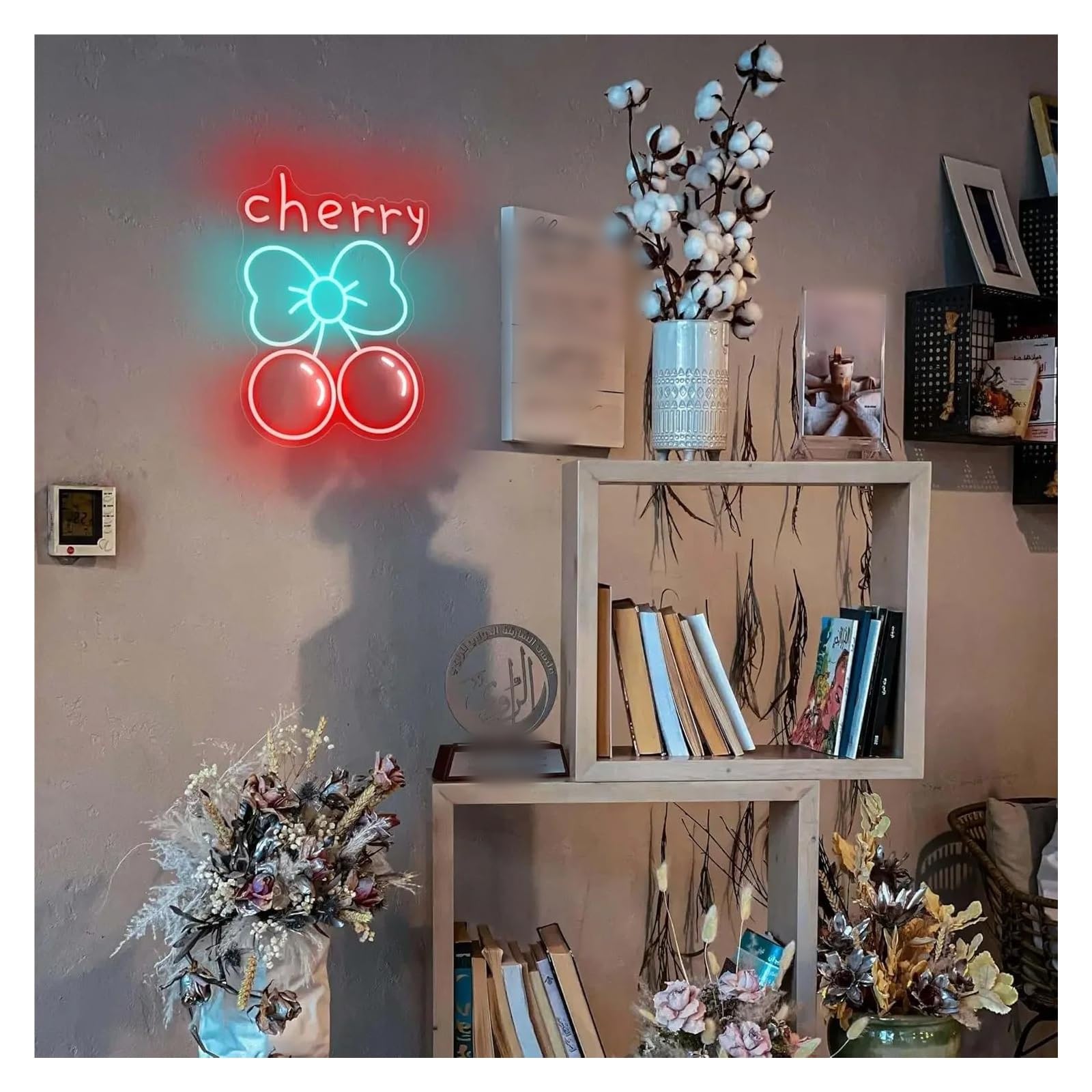 Hängende Kunst-Leuchtreklamen Kirsch-Neonschild, LED-Neonlichtschild, Wanddekoration, USB-betrieben, Für Obstladen, Schlafzimmer, Süße Dekoration, Hochzeitsfeier 27x36.5cm