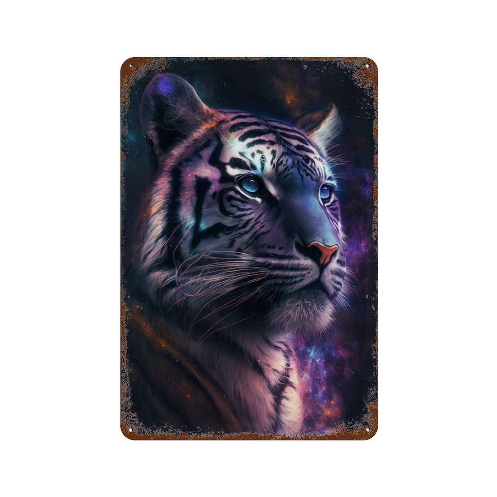 Distressed Metal Wall Sign with Cosmic Tiger Portrait-19 Design 11.8"x7.9", for Cafe, Home Bar And Lounge Decor, Retro Wall Decor