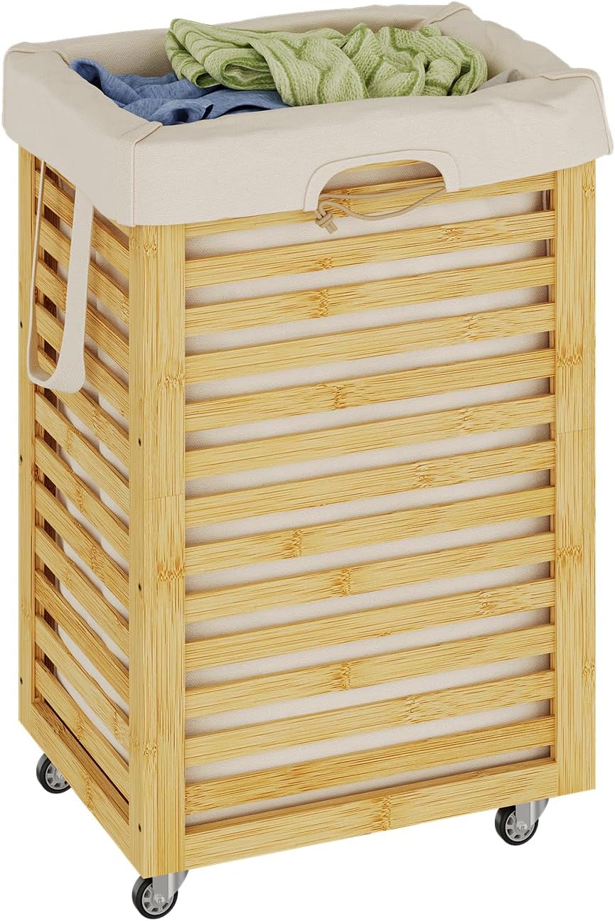 Laundry Hamper with Wheels, Laundry Basket with Liner, 85L Large bamboo wood Laundry Clothes Laundry Hamper, Liner with Handles, Dirty Clothes Storage Cart For Laundry Room, Dorm, Bedroom(Natural)