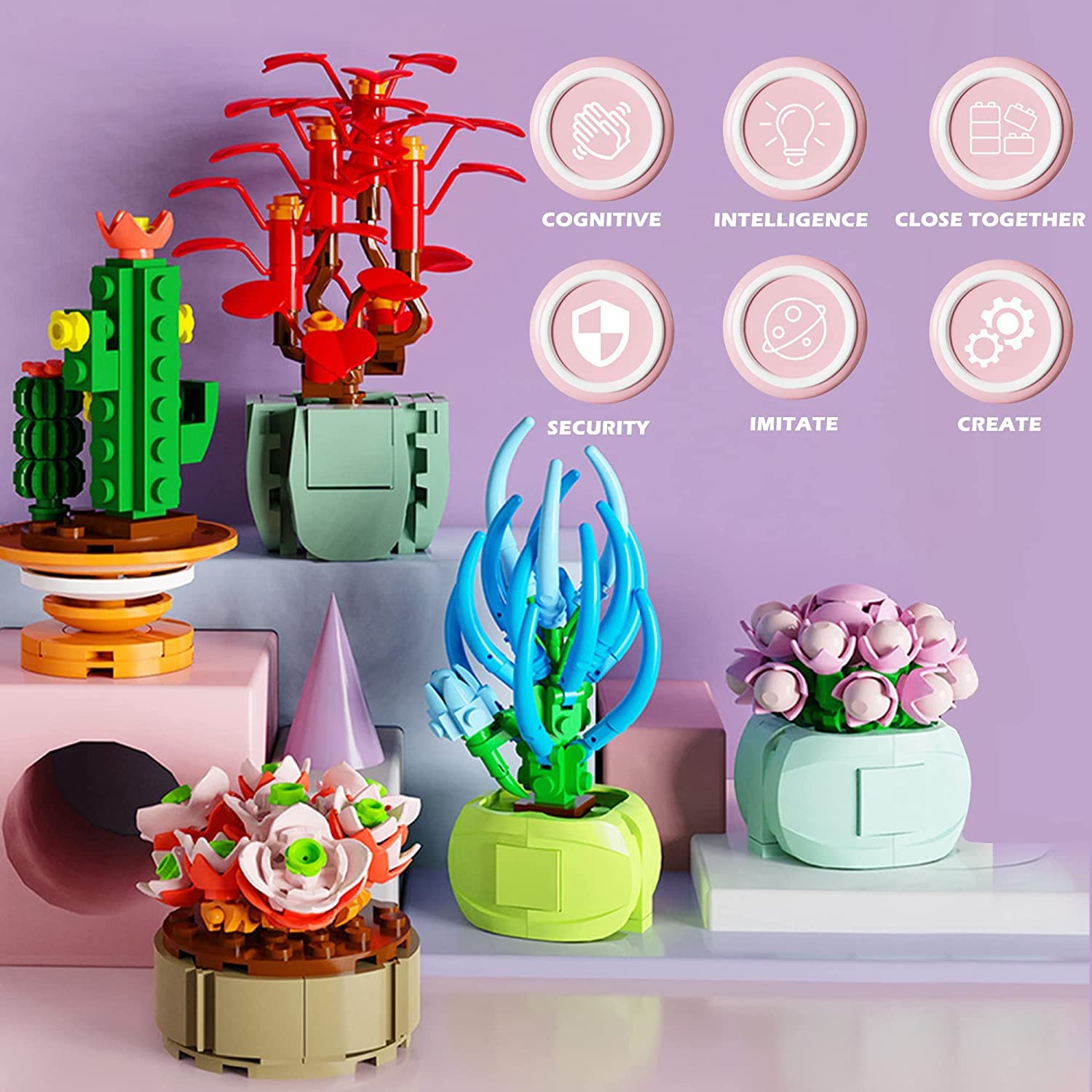 12 Sukkulenten Bausteine Set - Botanische Blumen Bausätze