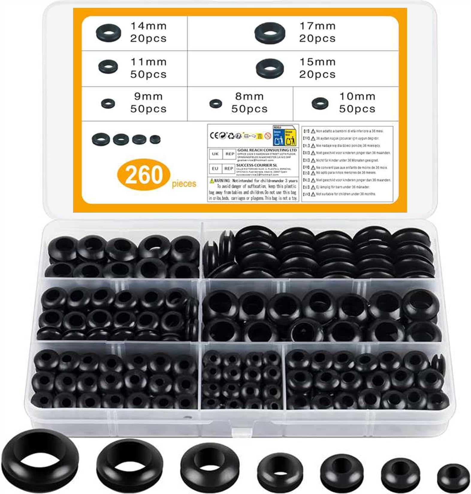 260 Pcs Rubber Grommets Kits, 7 Assorted Sizes Black Electrical Cable Holes Conductor Wiring Blanking Gasket Ring Grommets Assortment Kit for Protecting Wires, Plugs, Cables Holes (black)