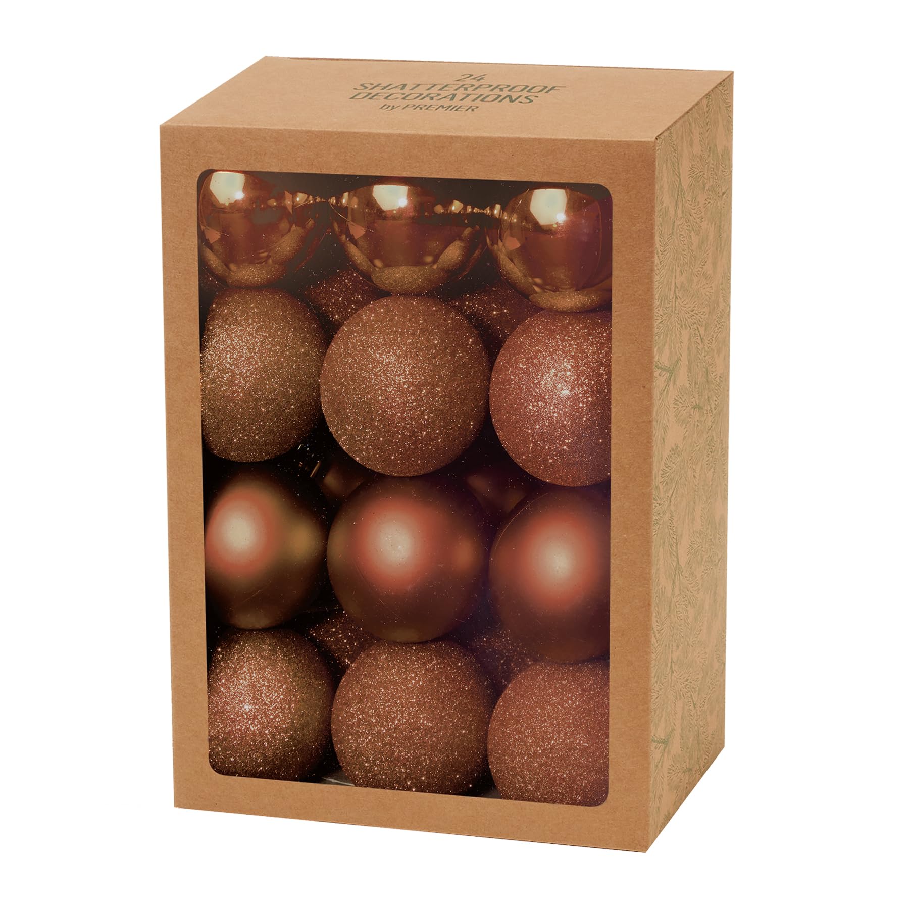 Shatterproof Christmas Baubles 24 Pack 60mm Premier Christmas Tree Decoration, matt, shinny and glitter baubles (Brown 6813)