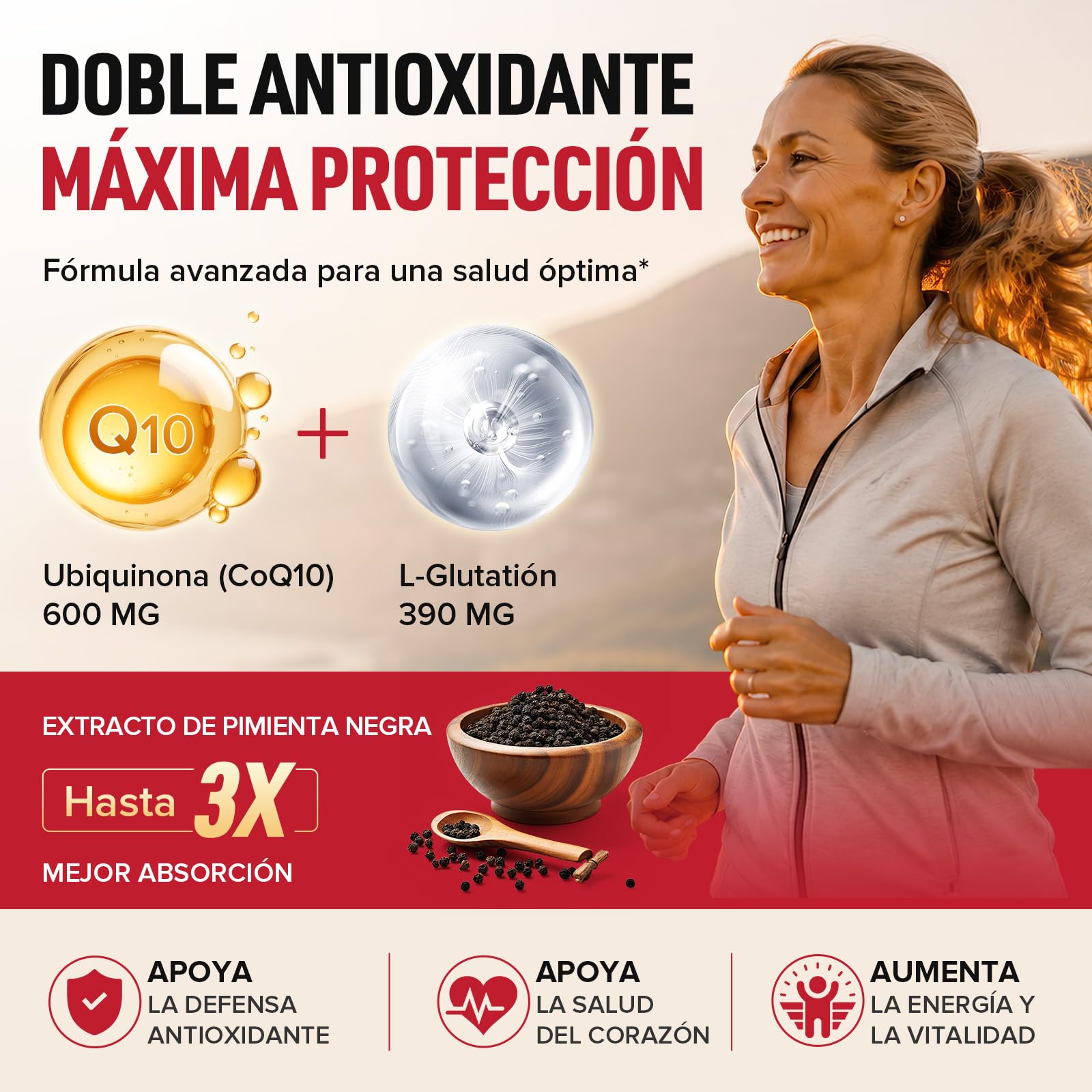 CoQ10 con L-Glutatión Cápsulas de 1000 mg(2 Paquetes) - Coenzima Q10 100% Fermentada, Coenzime Q10 Altamente Concentrada, Coenzima Q10 Antioxidante, Sin Soja, Sin Gluten, Vegano
