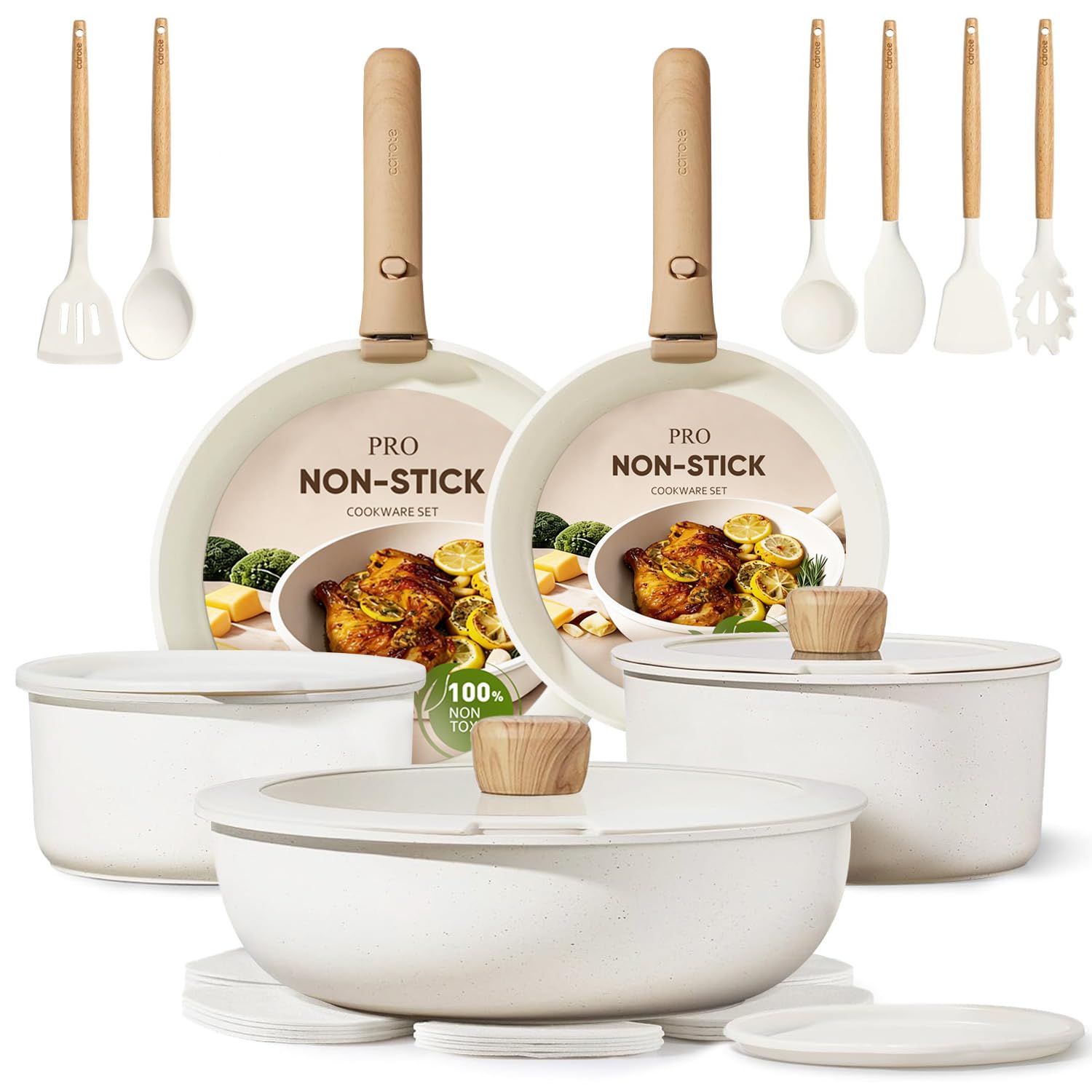 CAROTE Pots and Pans Set Non Stick, Detachable Handle Cookware, 21pcs,White | Induction Compatible, Dishwasher & Oven Safe, Space Saving, for Camping/RV/Traveling, Kitchen Cooking Set